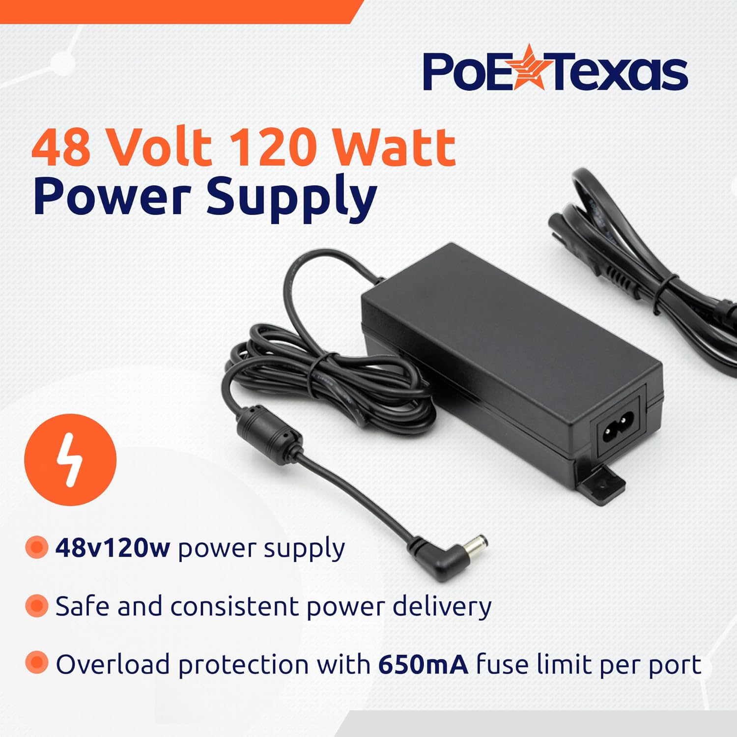 PoE Texas Injector 24-Port 10/100, Mode B, Rack Mount PoE Injector with 48 Volt 120 Watt Power Supply