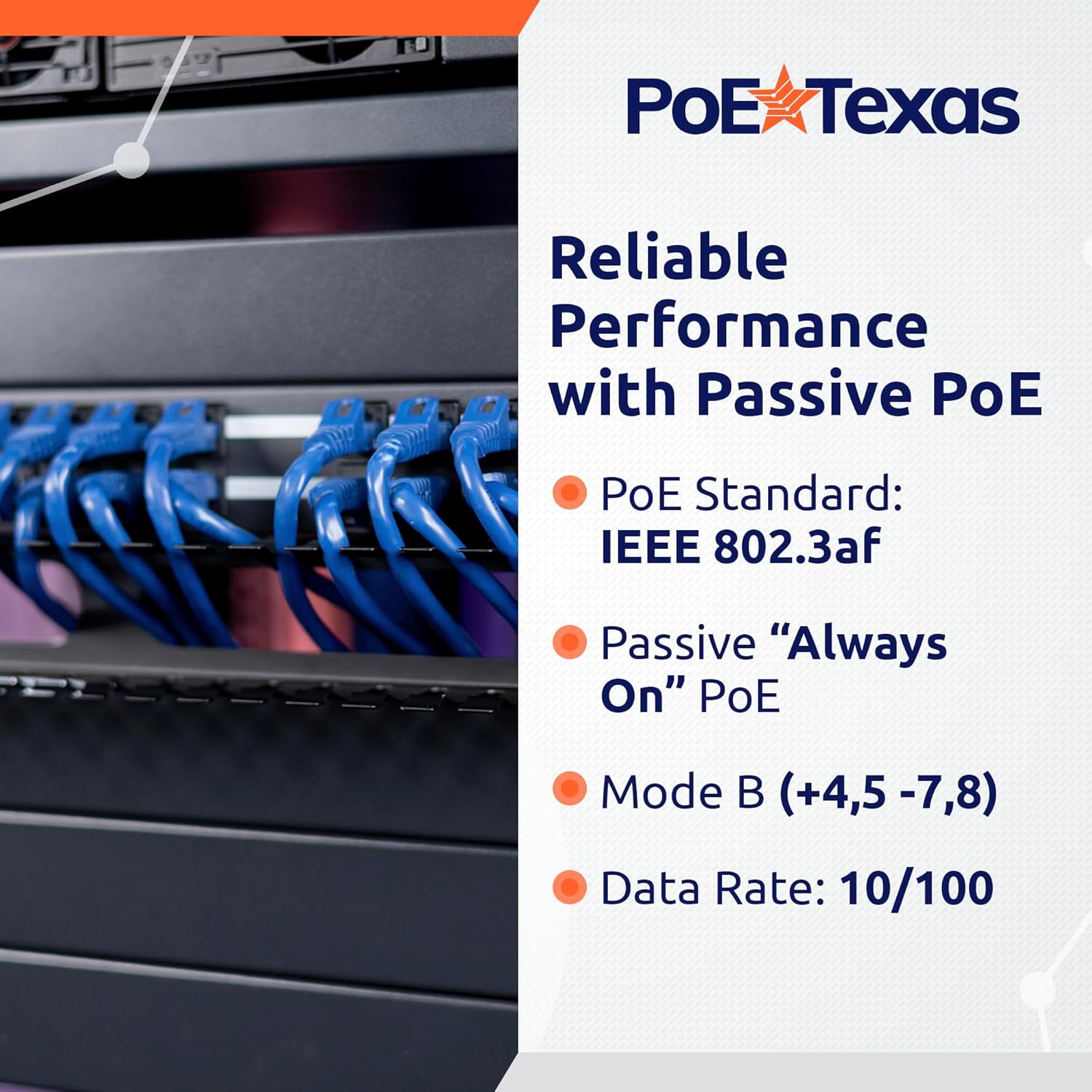 PoE Texas Injector 24-Port 10/100, Mode B, Rack Mount PoE Injector with 48 Volt 120 Watt Power Supply