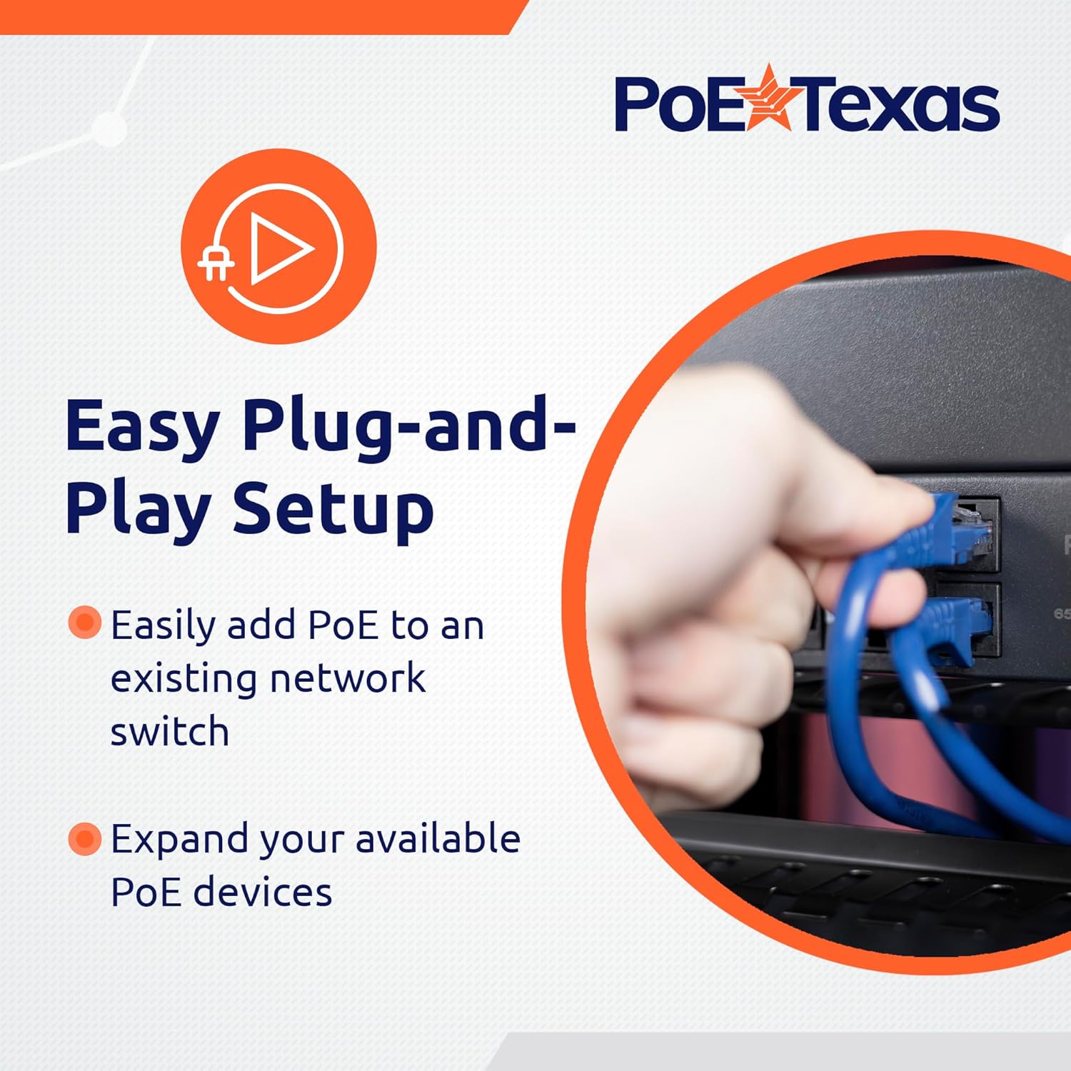 PoE Texas Injector 24-Port 10/100, Mode B, Rack Mount PoE Injector with 48 Volt 120 Watt Power Supply