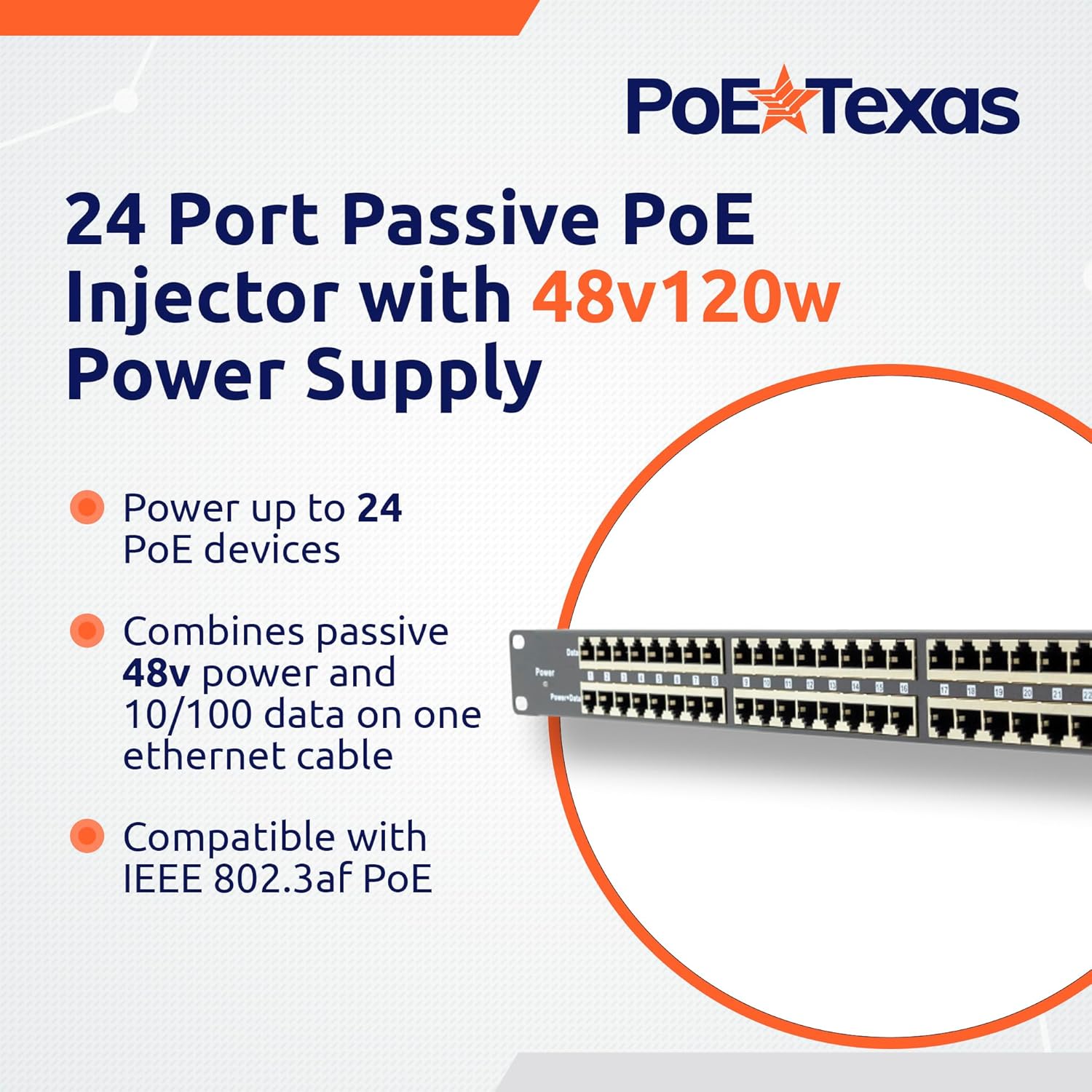 PoE Texas Injector 24-Port 10/100, Mode B, Rack Mount PoE Injector with 48 Volt 120 Watt Power Supply