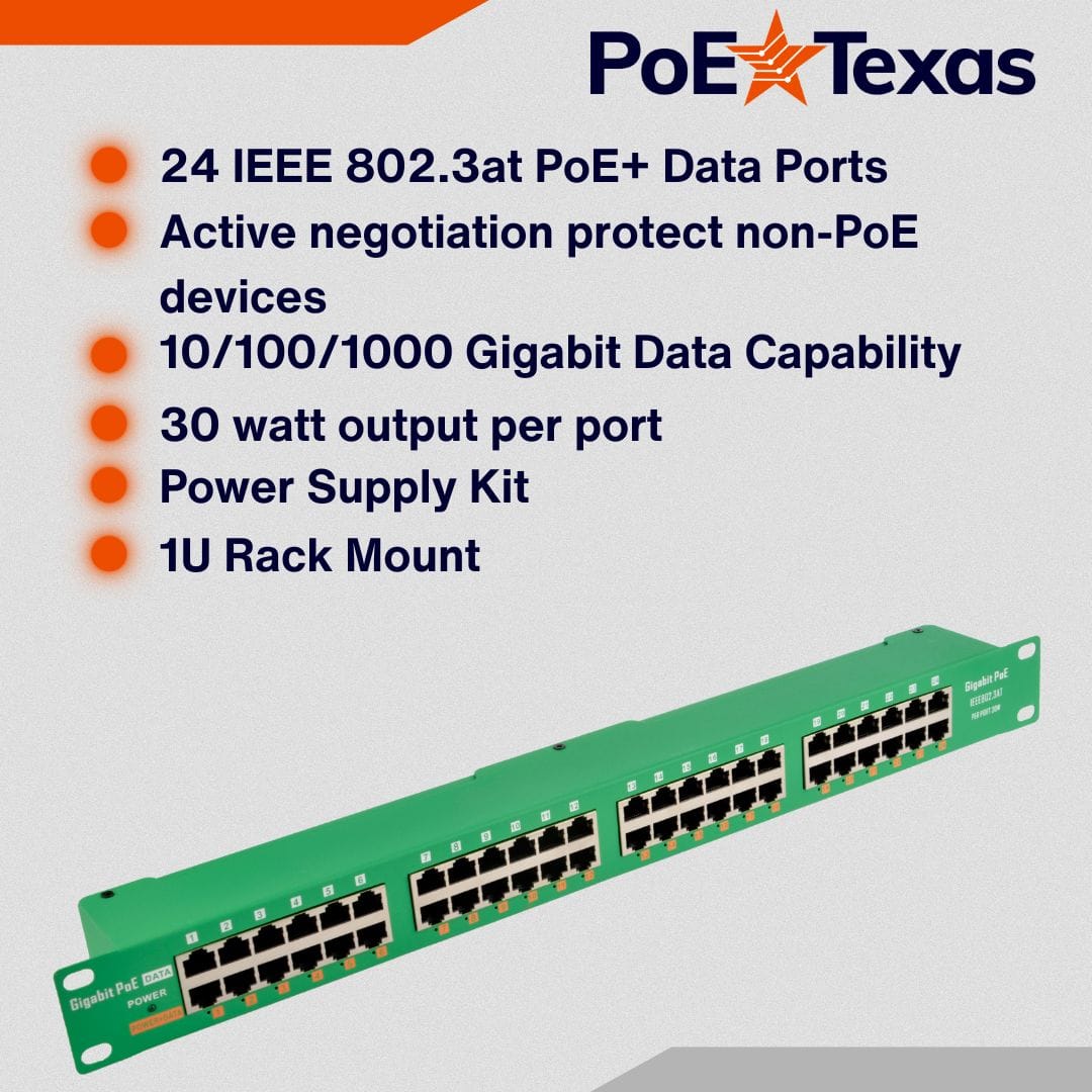 PoE Texas Injector 24 Port Active PoE Injector for High Powered Devices