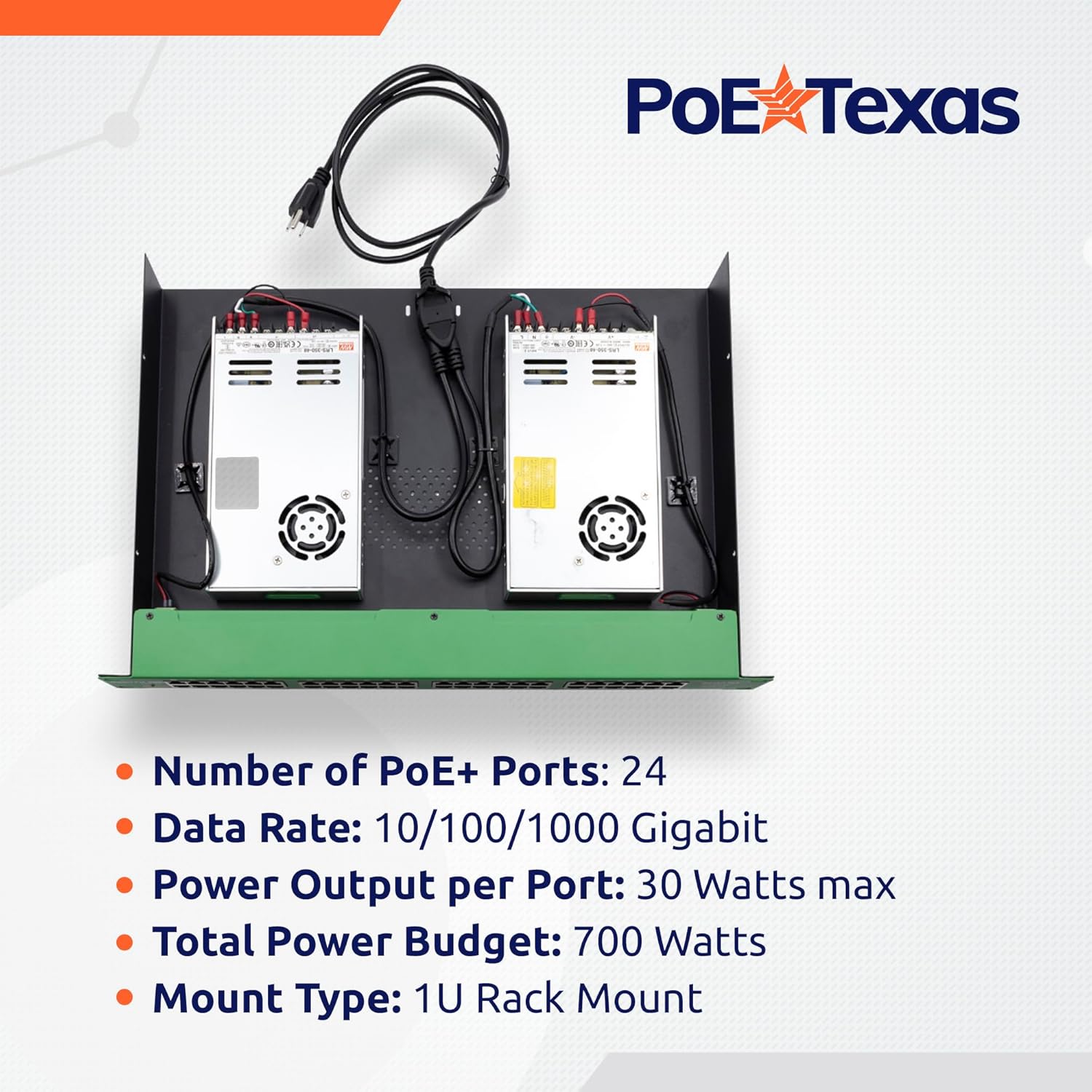PoE Texas Injector 24 Port Active PoE Injector with 48 Volt Output and 700 Watt Budget