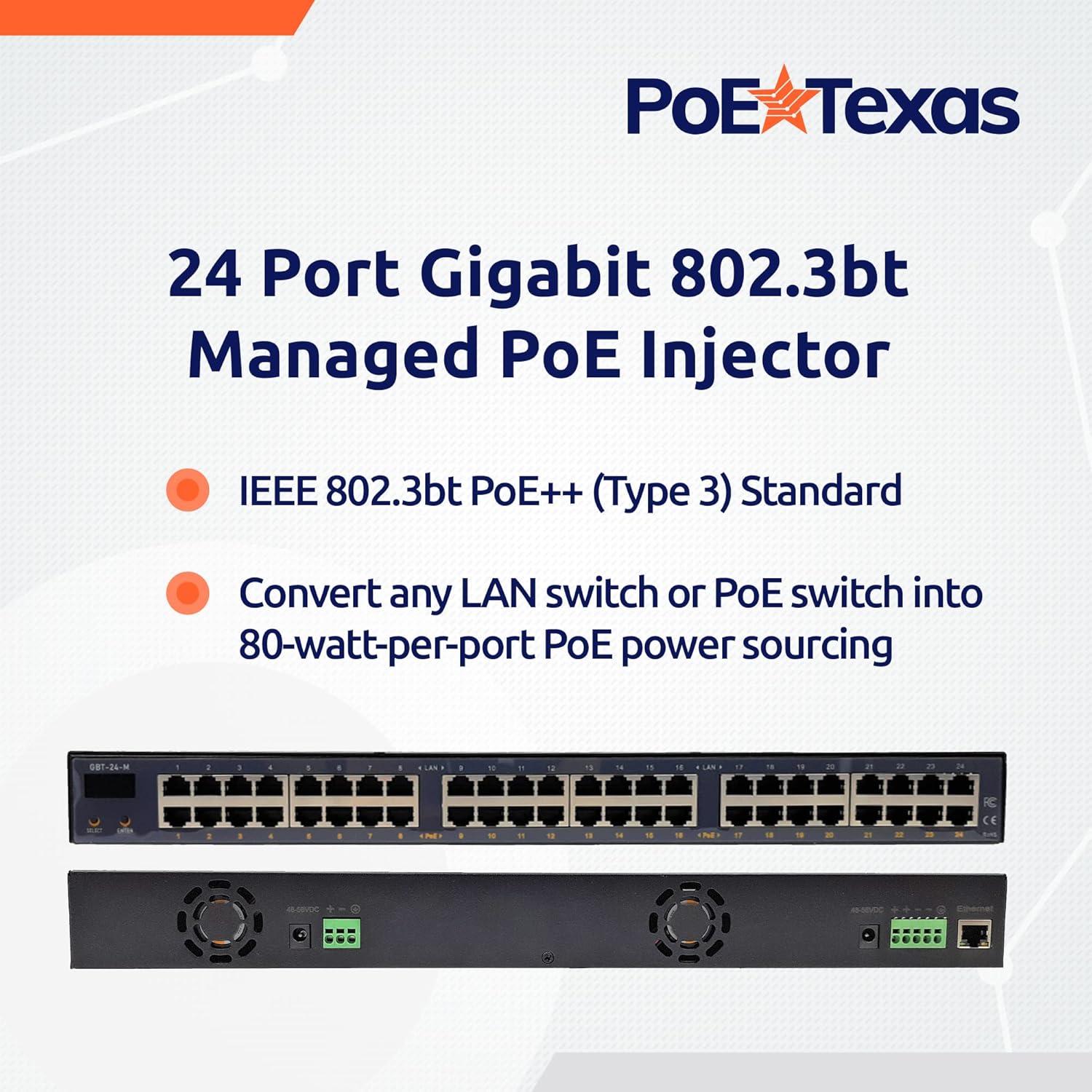 POE Texas Injector 24-Port Gigabit 802.3bt Managed PoE Injector