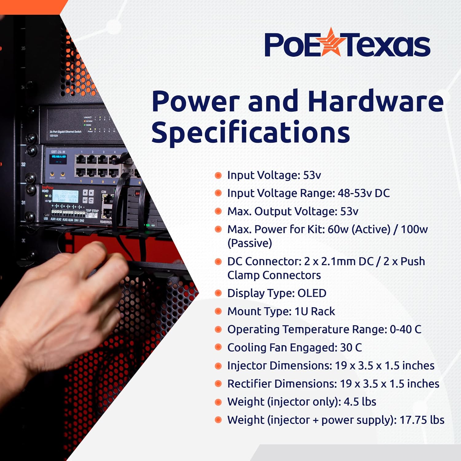 POE Texas Injector 24-Port Gigabit 802.3bt Managed PoE Injector with 53 Volt 3000 Watt Power Supply