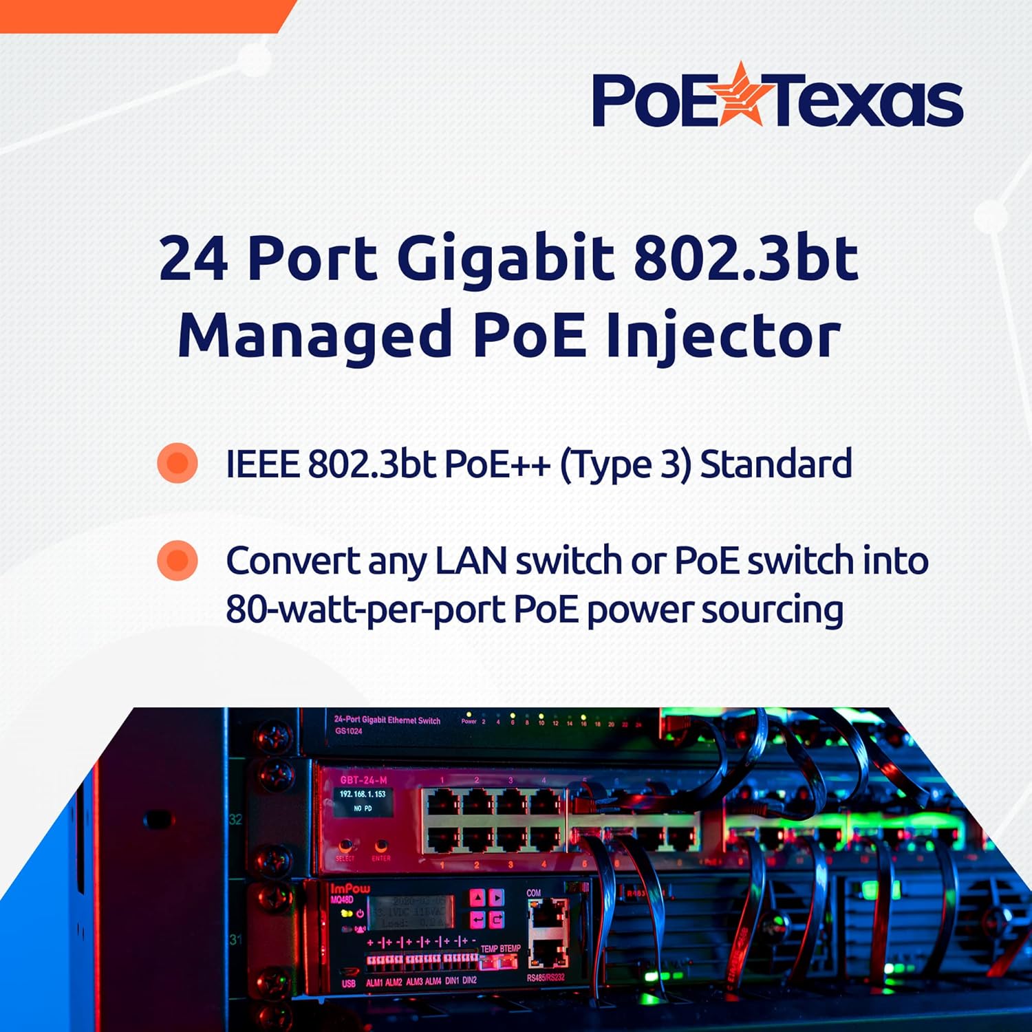 POE Texas Injector 24-Port Gigabit 802.3bt Managed PoE Injector with 53 Volt 3000 Watt Power Supply