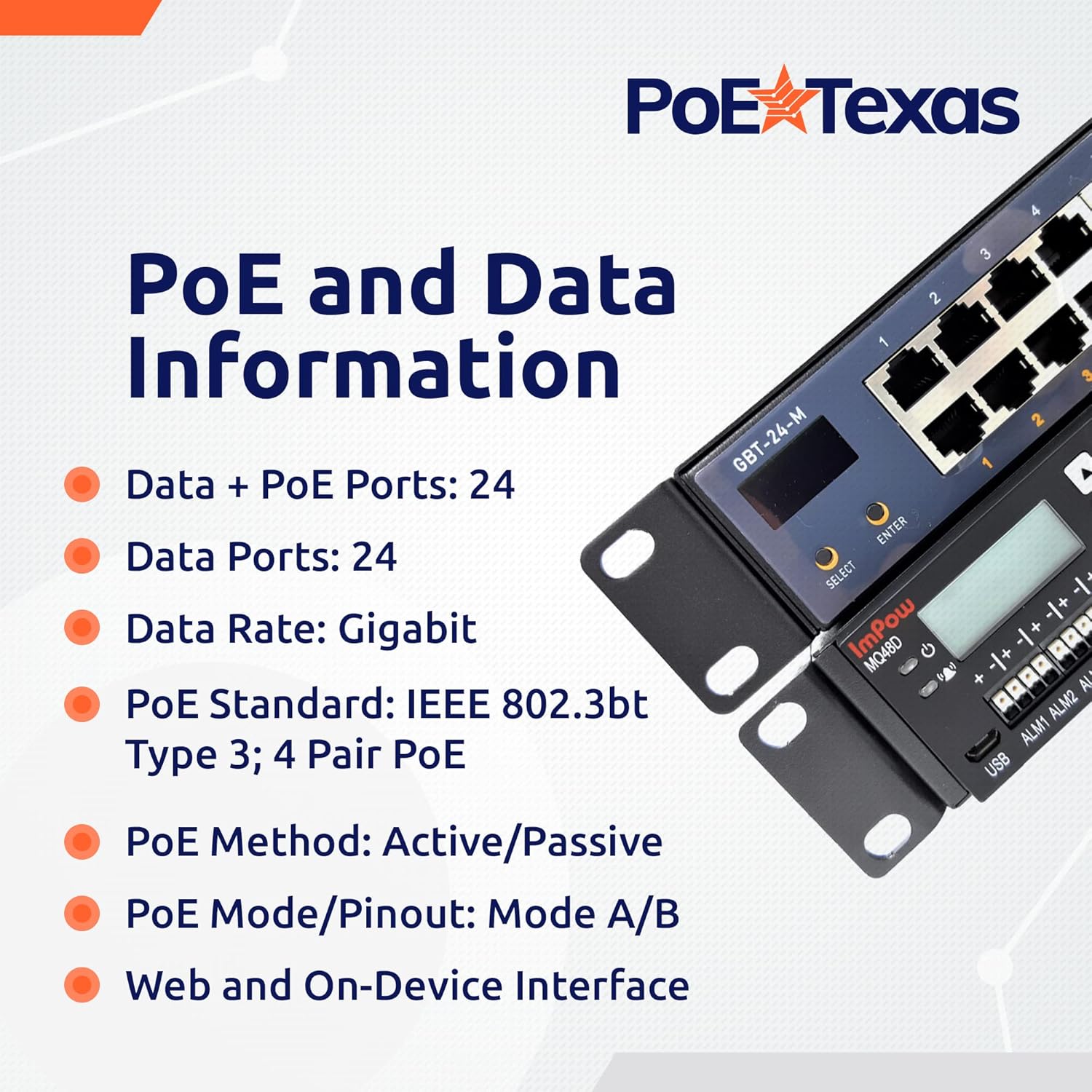 POE Texas Injector 24-Port Gigabit 802.3bt Managed PoE Injector with 53 Volt 3000 Watt Power Supply