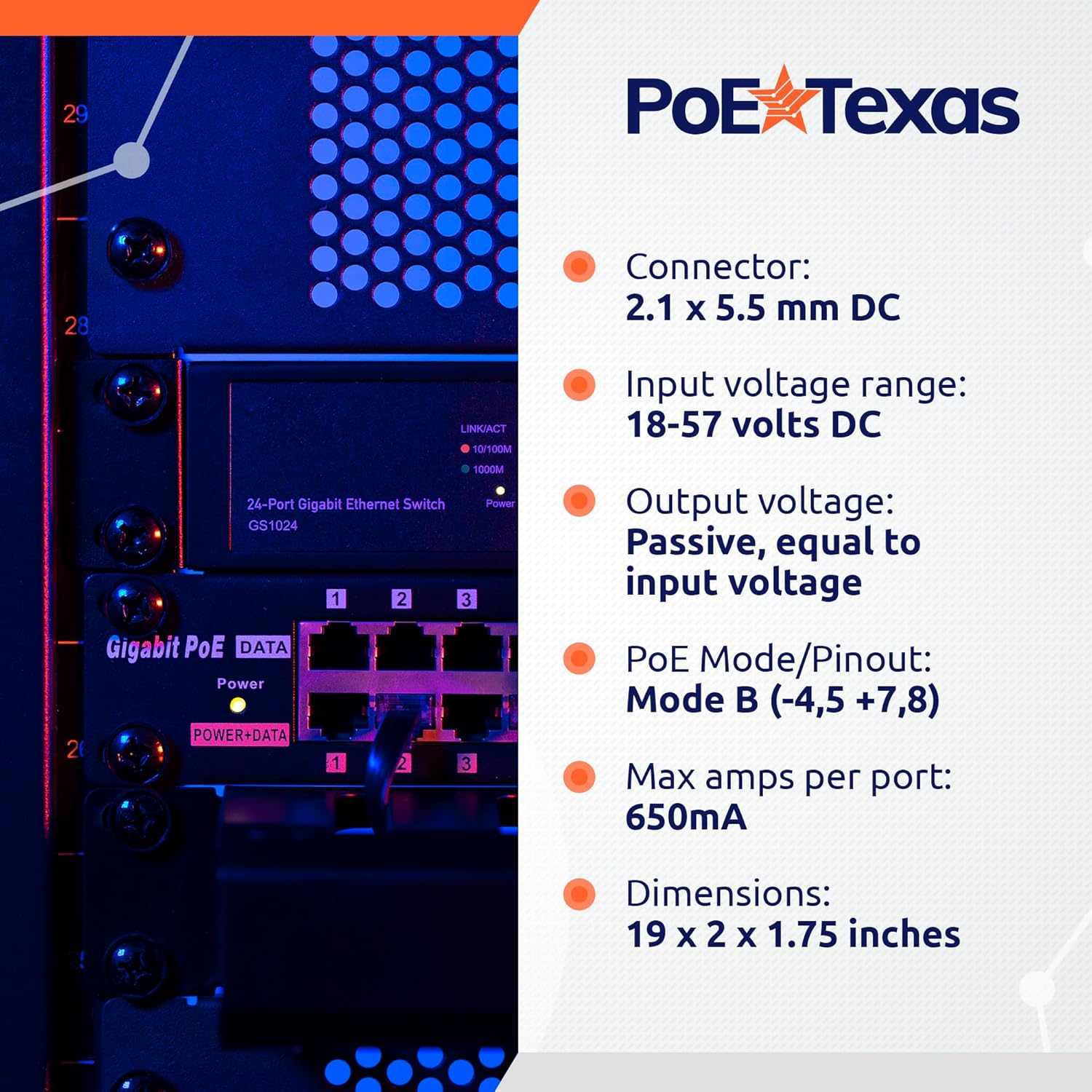 PoE Texas Injector 24-Port Gigabit Rack Mount PoE Injector with 24V240W Power Supplies