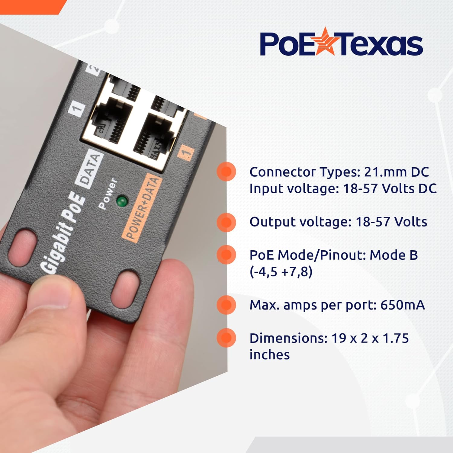 PoE Texas Injector 24-Port Gigabit Rack Mount PoE Injector with 48 Volt 240 Watt Power Supplies
