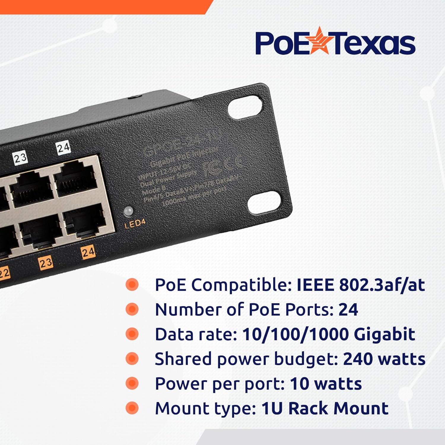 PoE Texas Injector 24-Port Gigabit Rack Mount PoE Injector with 56V240W Power Supply