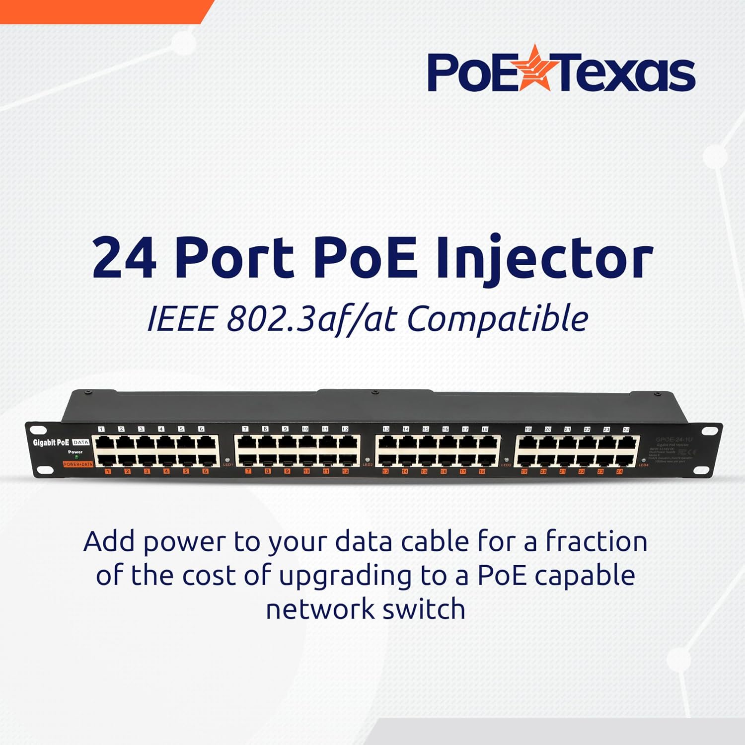 PoE Texas Injector 24-Port Gigabit Rack Mount PoE Injector with 56V240W Power Supply