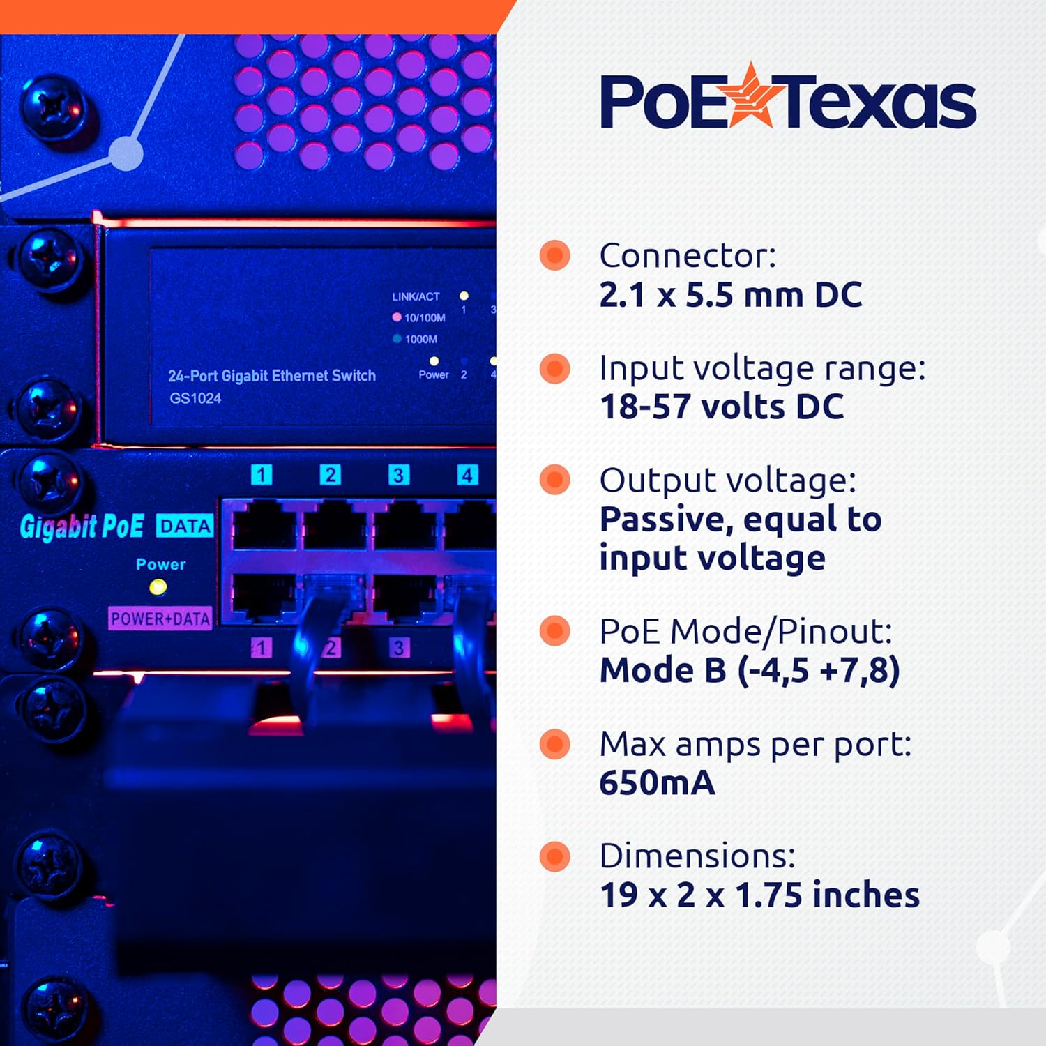 PoE Texas Injector 24-Port Gigabit Rack Mount PoE Injector with 56V240W Power Supply