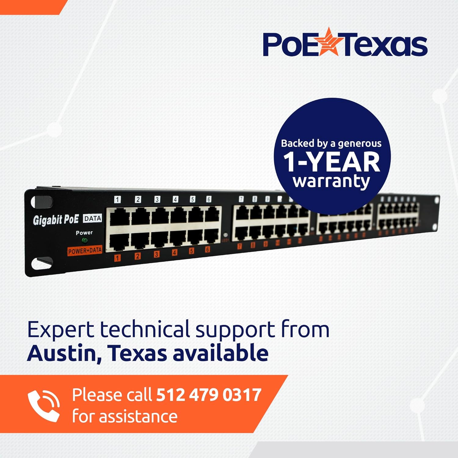 PoE Texas Injector 24-Port Gigabit Rack Mount PoE Injector with 56V240W Power Supply