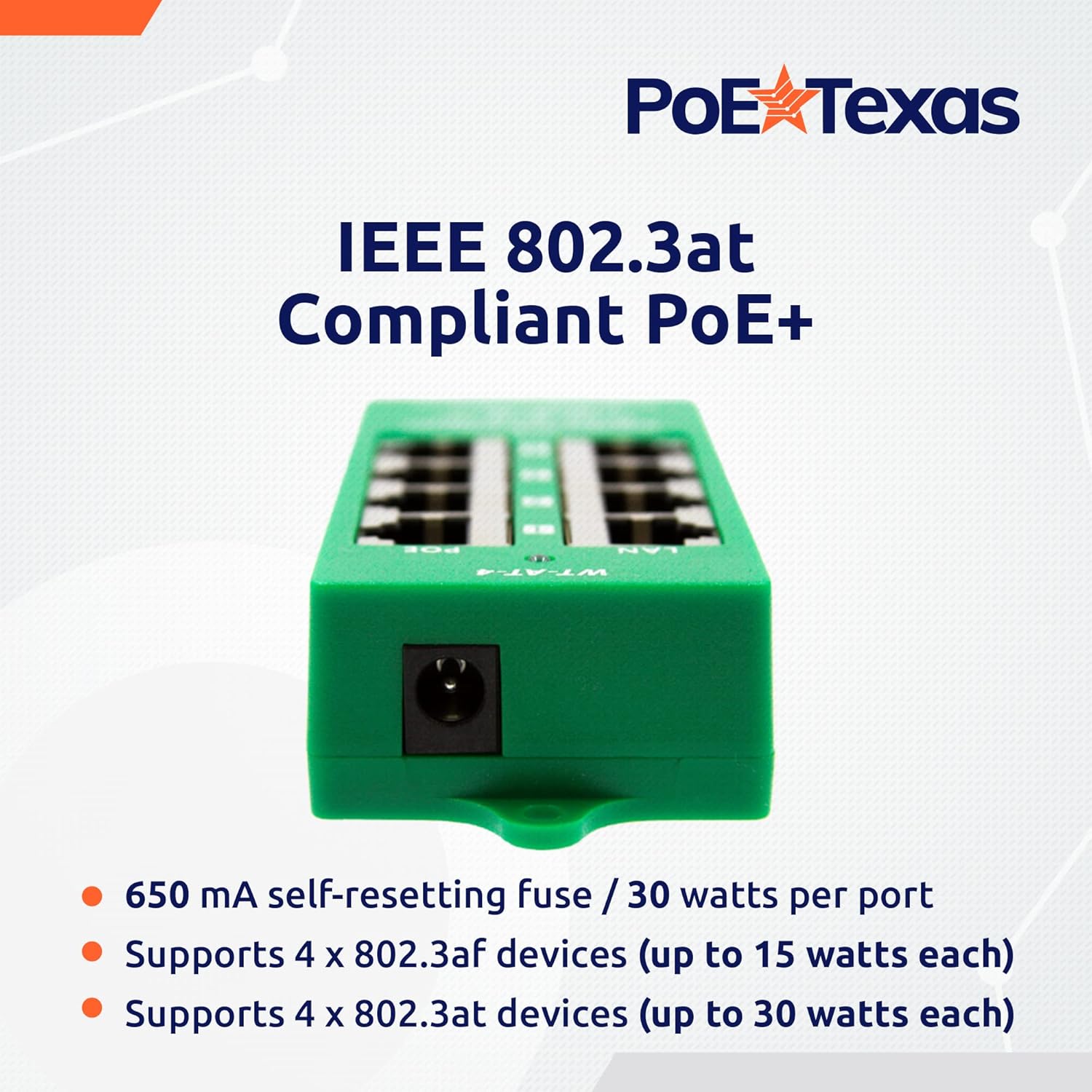 PoE Texas Injector 4 Port Active Gigabit Mode A PoE Injector with 56 Volt 120 Watt Power Supply