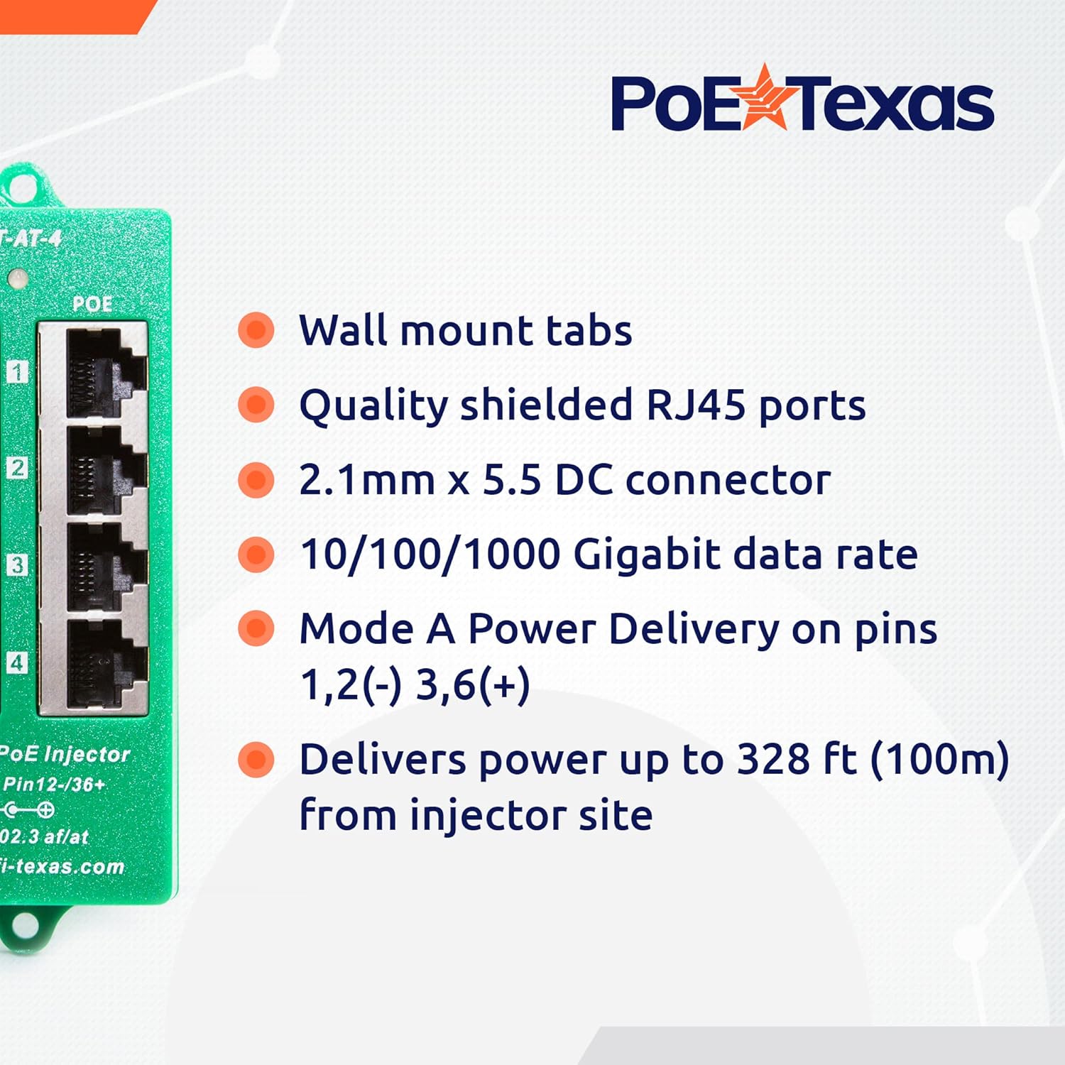 PoE Texas Injector 4 Port Active Gigabit Mode A PoE Injector with 56 Volt 60 Watt Power Supply