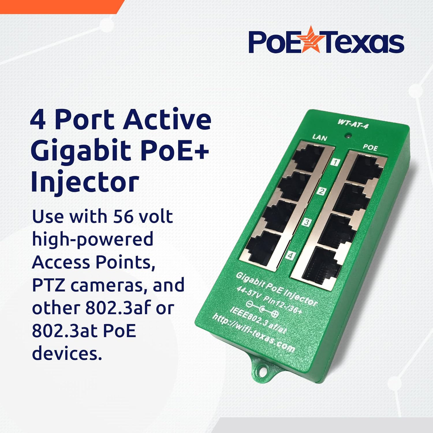 PoE Texas Injector 4 Port Active Gigabit Mode A PoE Injector with 56 Volt 60 Watt Power Supply