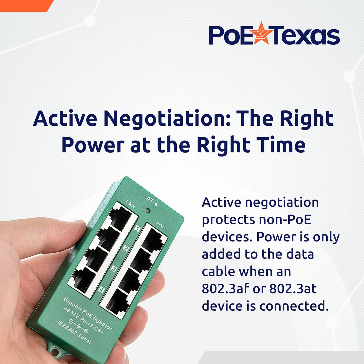 PoE Texas Injector 4 Port Active Gigabit Mode A PoE Injector with 56 Volt 60 Watt Power Supply