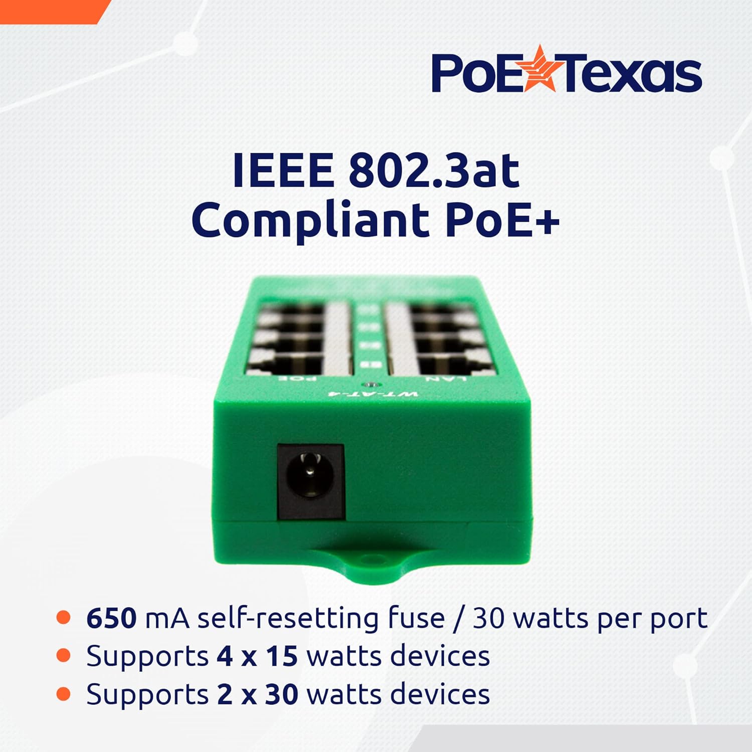 PoE Texas Injector 4 Port Active Gigabit Mode A PoE Injector with 56 Volt 60 Watt Power Supply