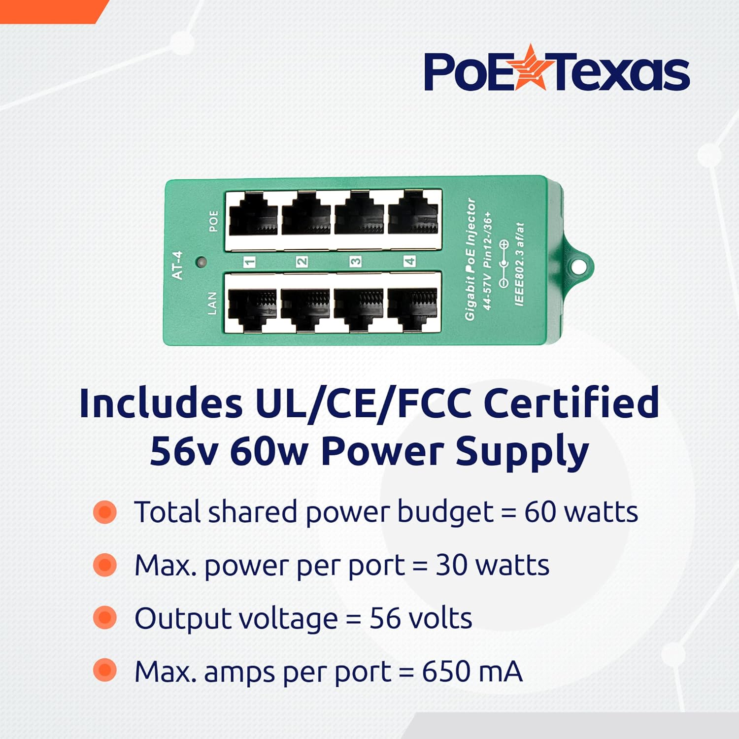 PoE Texas Injector 4 Port Active Gigabit Mode A PoE Injector with 56 Volt 60 Watt Power Supply