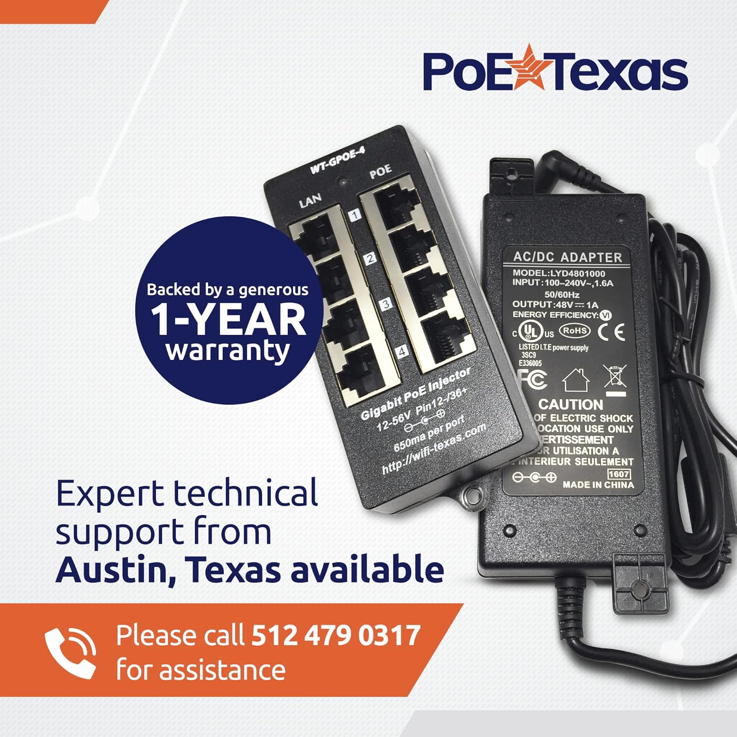 PoE Texas Injector 4 Port Gigabit Mode A PoE Injector with 48 Volt 48 Watt Power Supply