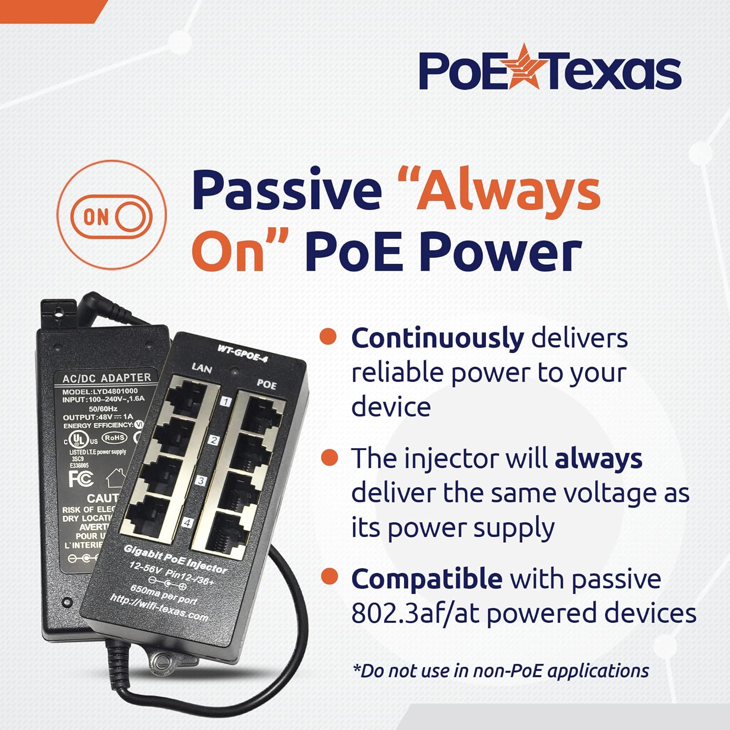 PoE Texas Injector 4 Port Gigabit Mode A PoE Injector with 48 Volt 48 Watt Power Supply