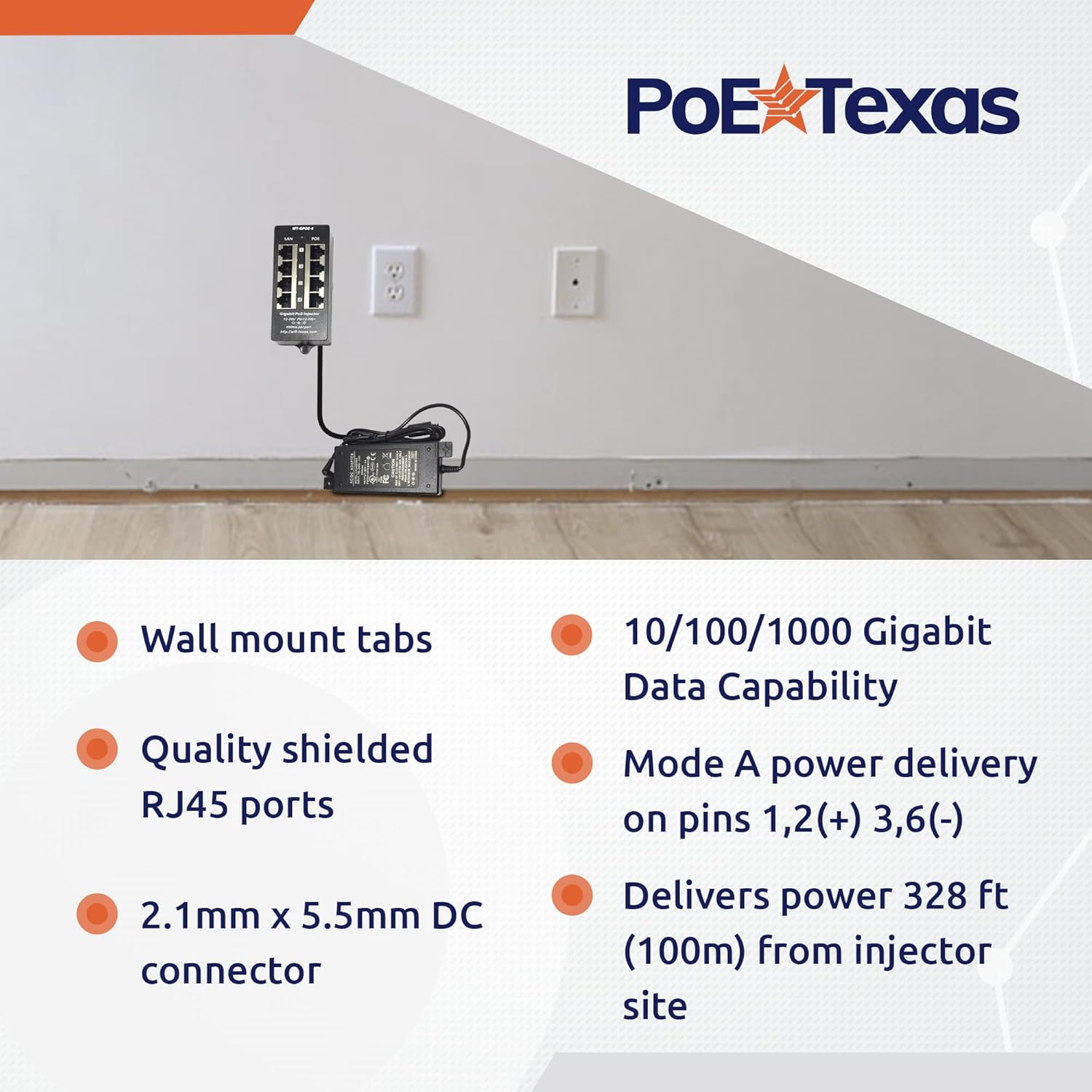 PoE Texas Injector 4 Port Gigabit Mode A PoE Injector with 48 Volt 48 Watt Power Supply