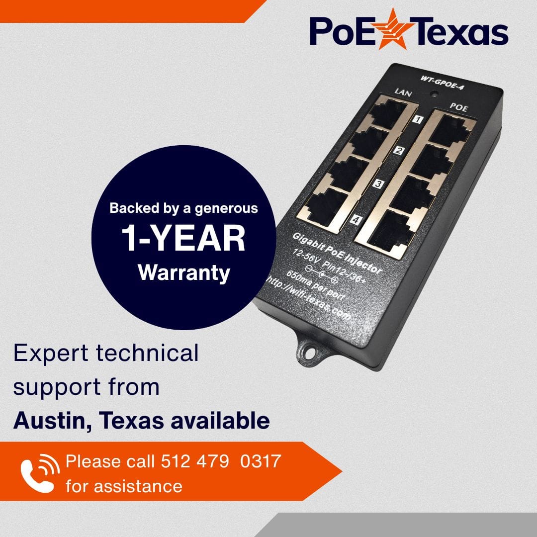 PoE Texas Injector 4 Port Gigabit Mode A PoE Injector with 48 Volt 60 Watt Power Supply