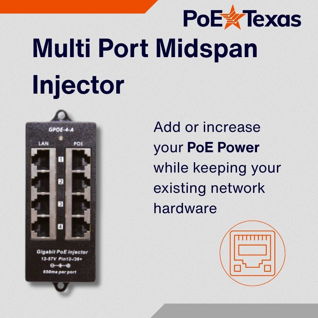PoE Texas Injector 4 Port Gigabit Mode A PoE Injector with 48 Volt 60 Watt Power Supply
