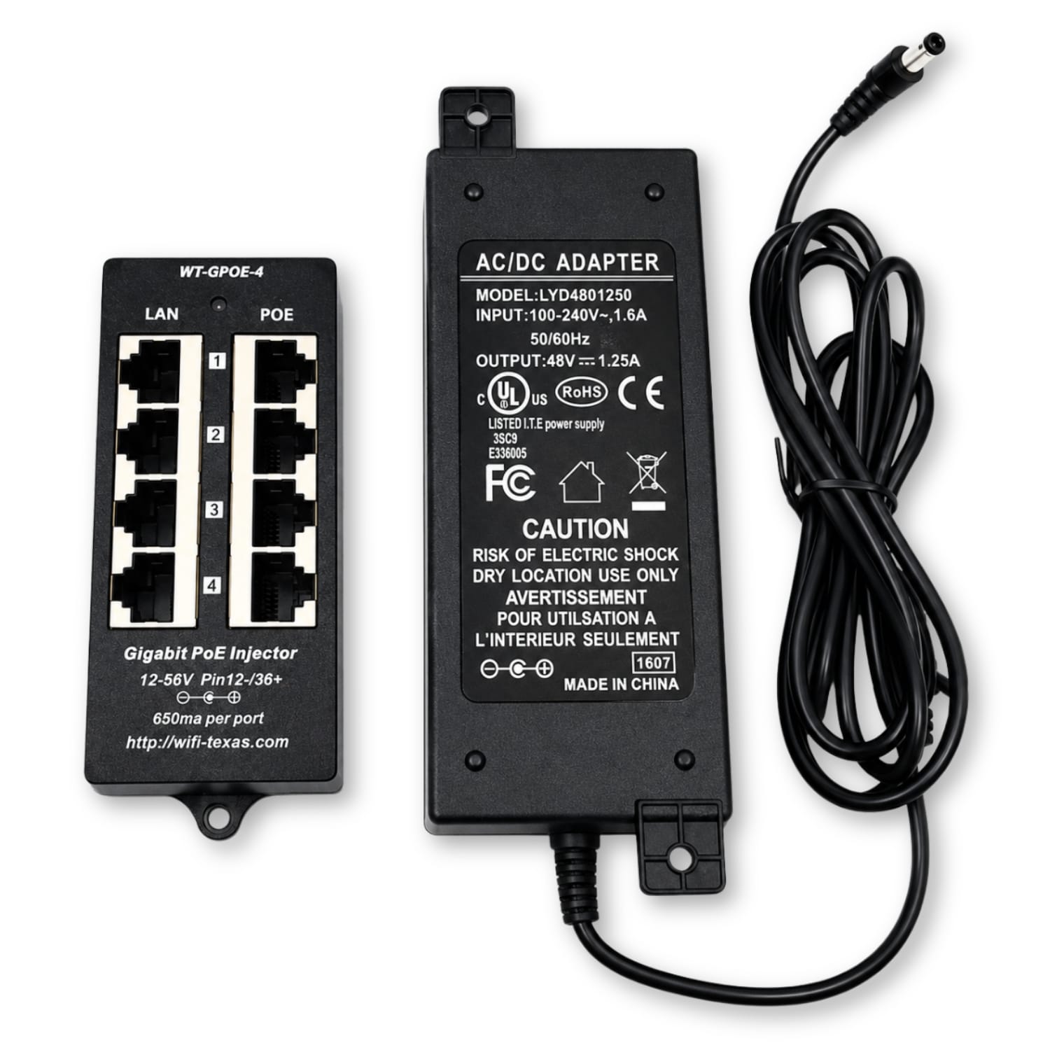 PoE Texas Injector 4 Port Gigabit Mode A PoE Injector with 48 Volt 60 Watt Power Supply