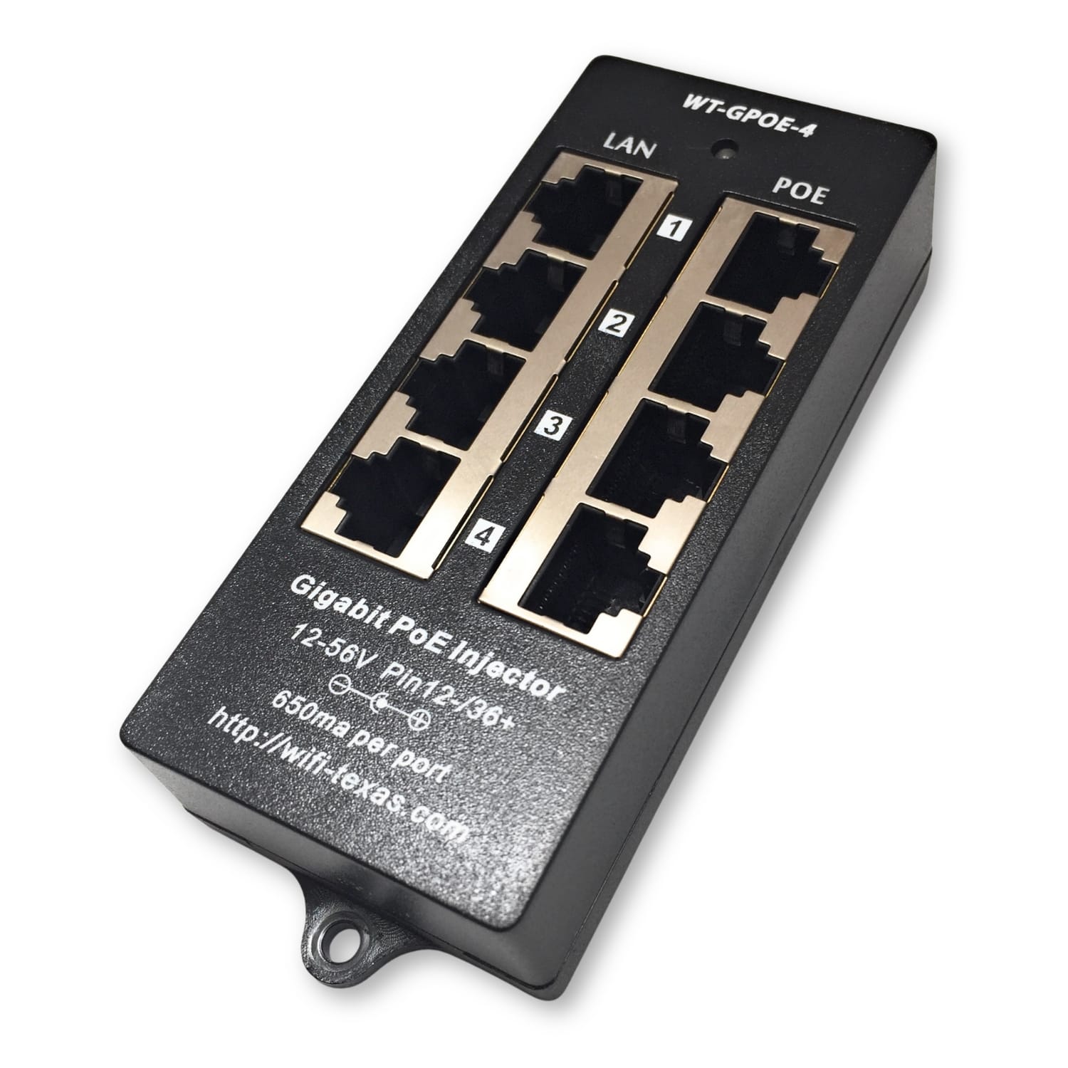 PoE Texas Injector 4 Port Gigabit Mode A PoE Injector with 48 Volt 60 Watt Power Supply