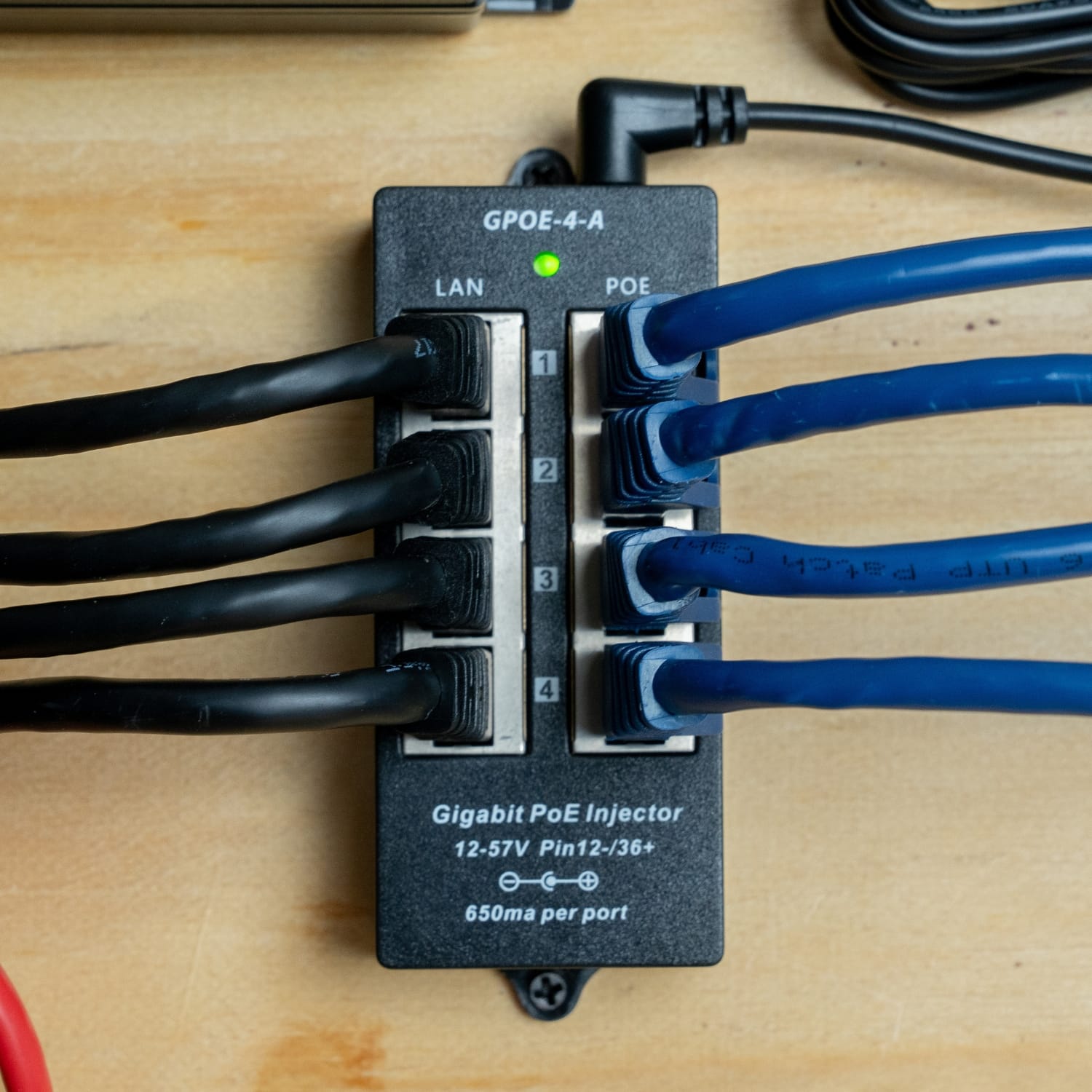 PoE Texas Injector 4 Port Gigabit Mode A PoE Injector with 48 Volt 60 Watt Power Supply