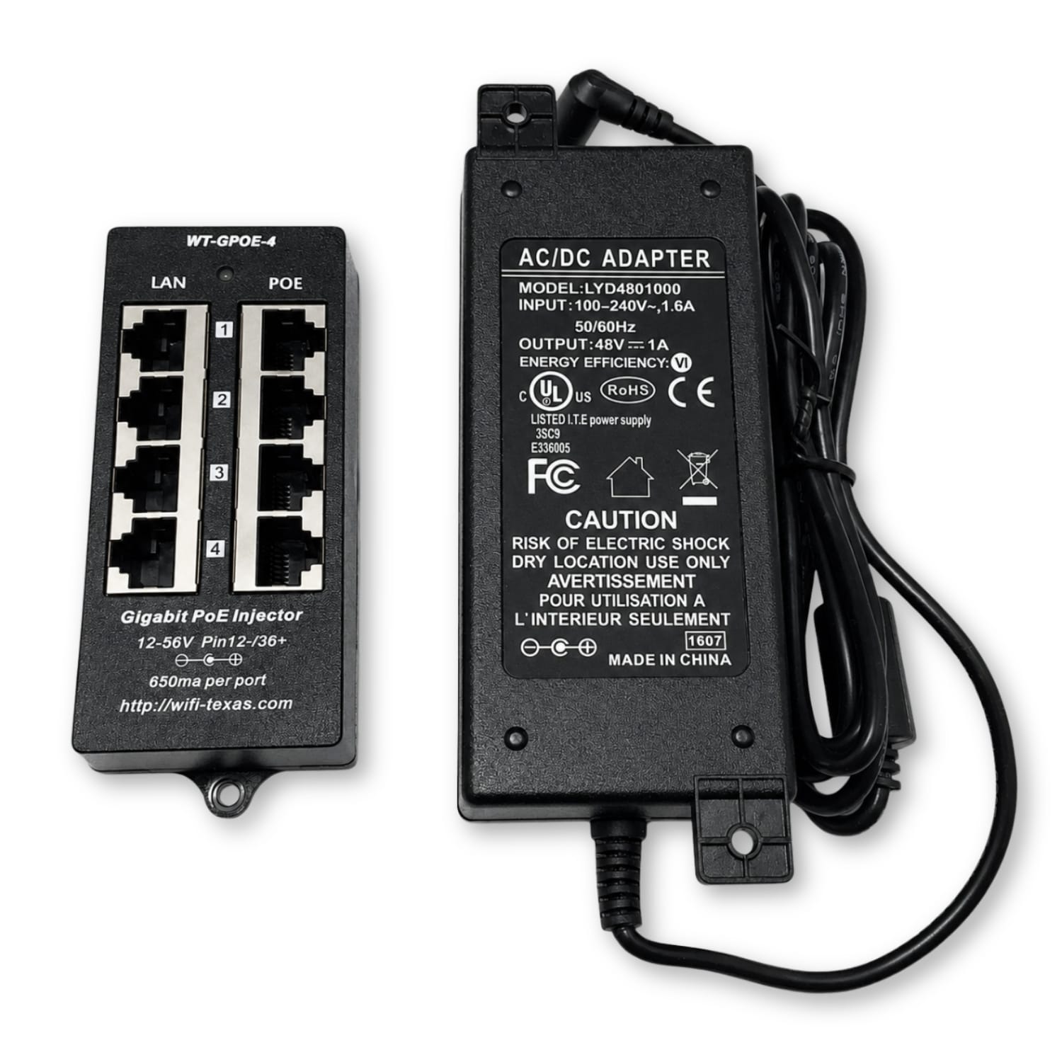 PoE Texas Injector 4 Port Gigabit Mode A PoE Injector with 48 Volt 60 Watt Power Supply