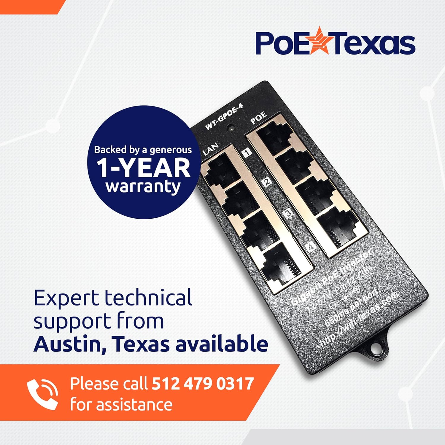 PoE Texas Injector 4-Port Gigabit Mode A PoE Injector without Power Supply