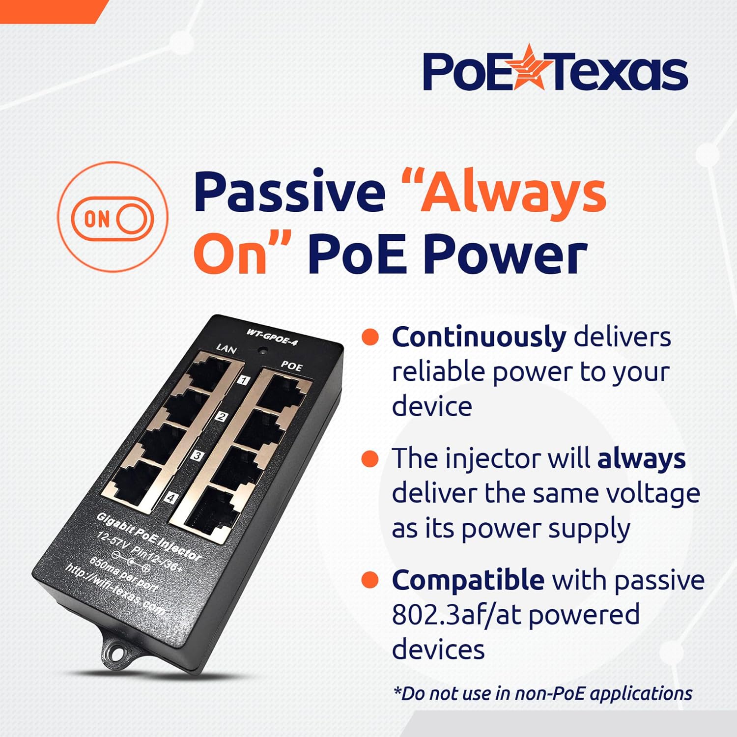 PoE Texas Injector 4-Port Gigabit Mode A PoE Injector without Power Supply