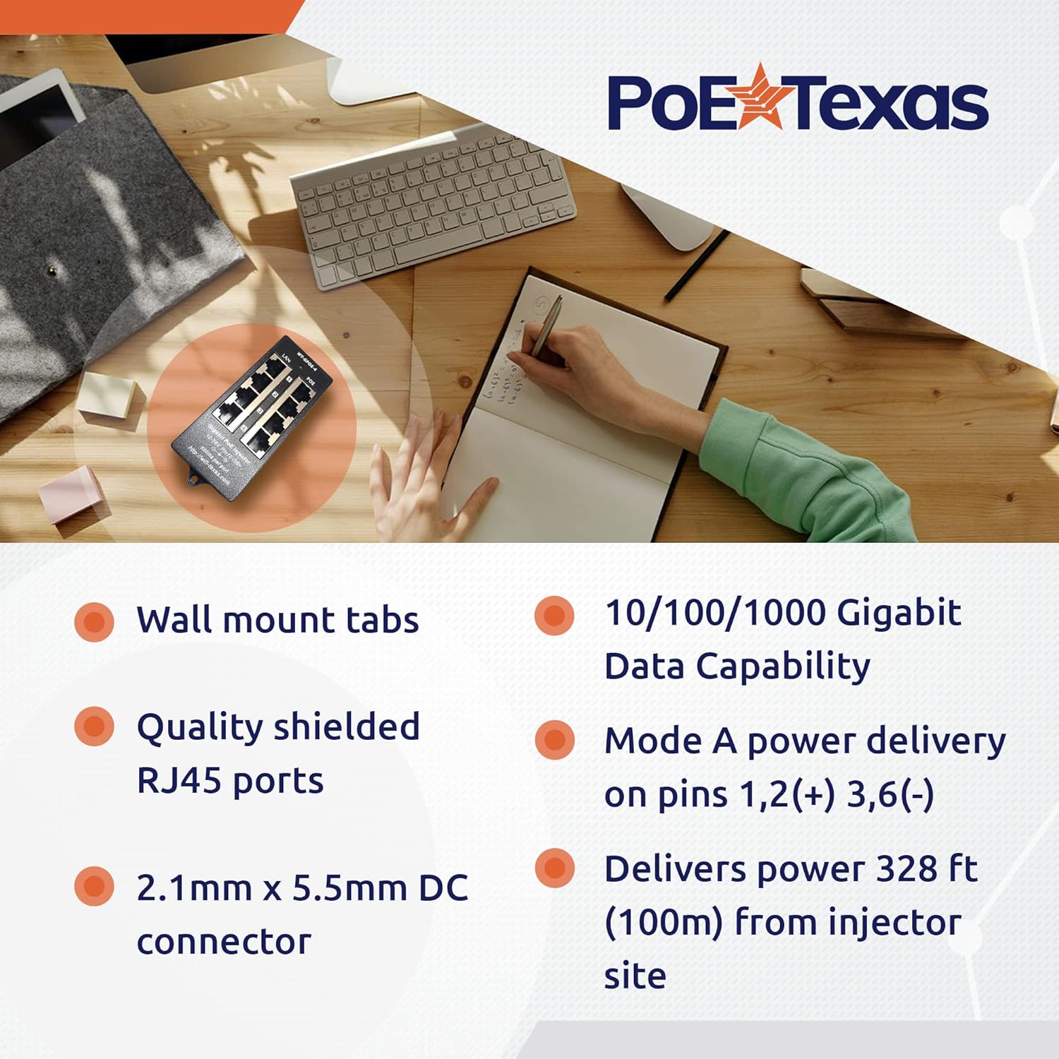 PoE Texas Injector 4-Port Gigabit Mode A PoE Injector without Power Supply