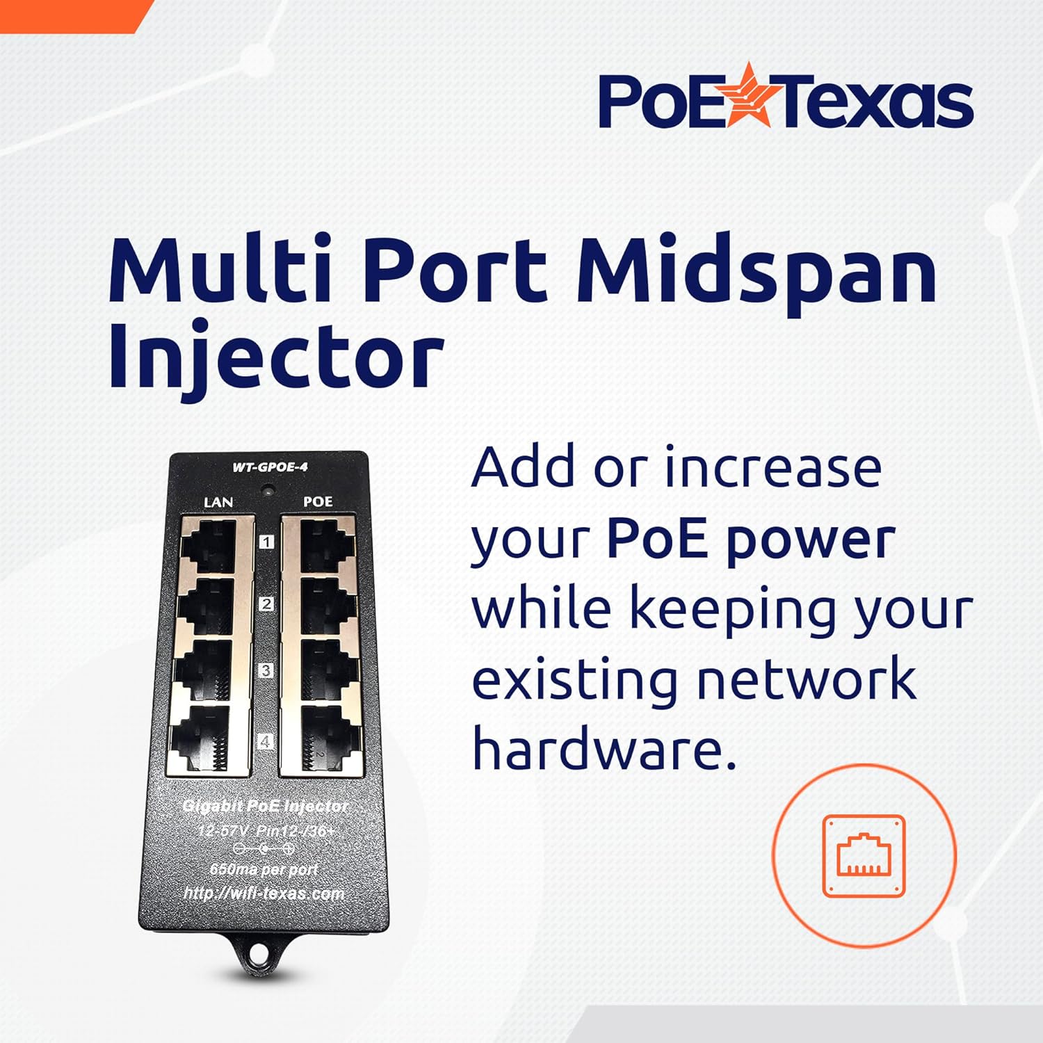 PoE Texas Injector 4-Port Gigabit Mode A PoE Injector without Power Supply