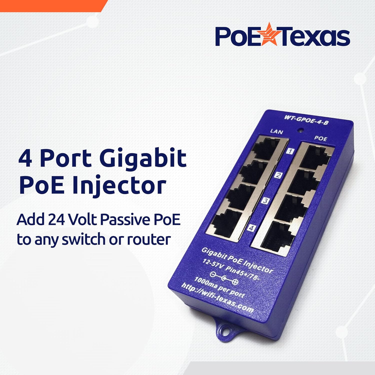 POE Texas Injector 4 Port Gigabit PoE Injector with 24 Volt 30 Watt Power Supply