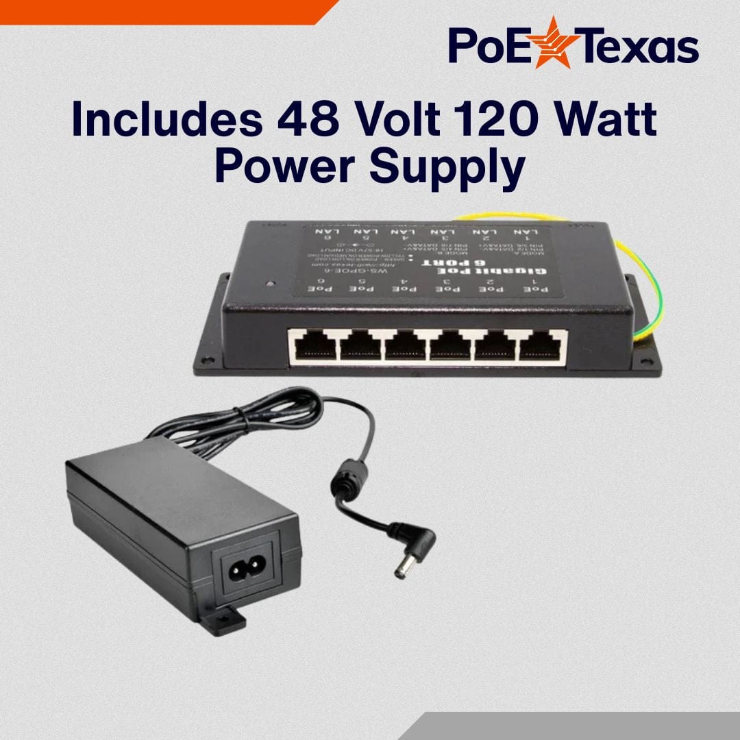 PoE Texas Injector 6 Port Gigabit, Mode A/B PoE Injector with 48V 120W Power Supply