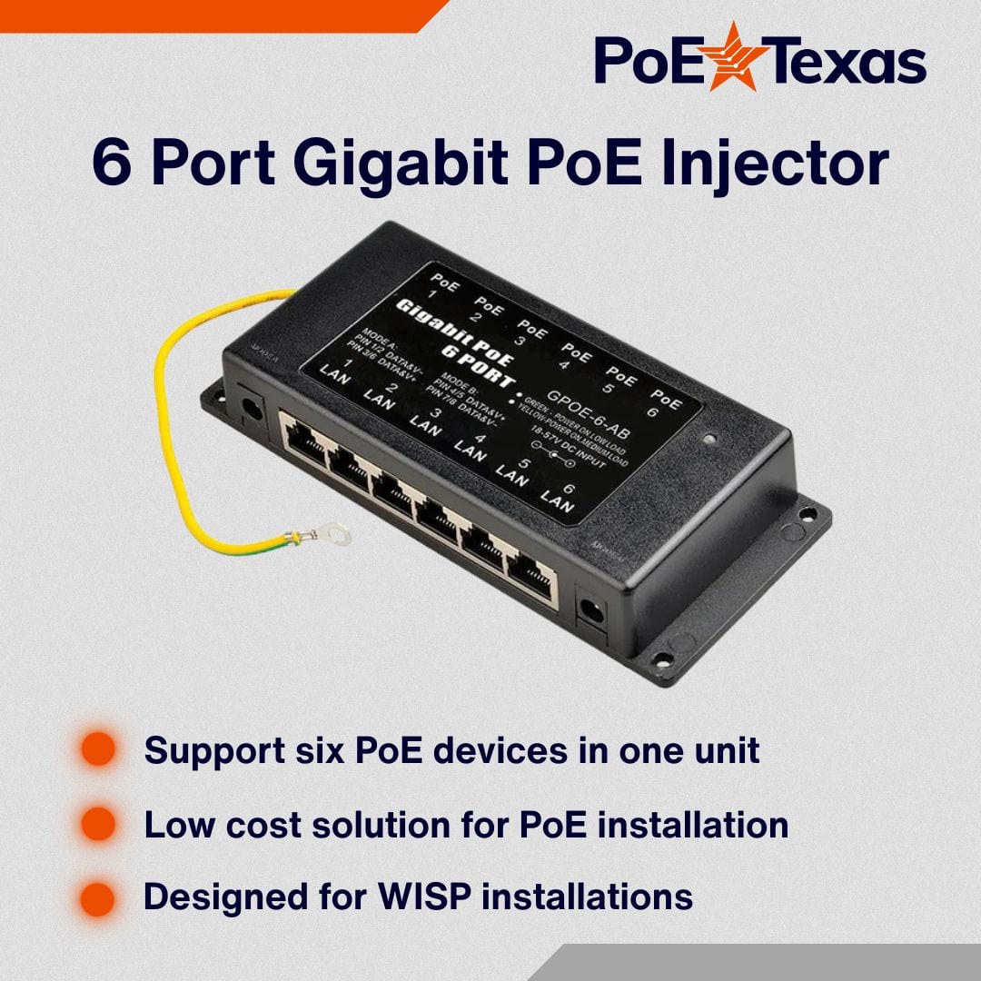 PoE Texas Injector 6-Port Gigabit PoE Injector with 24 Volt 120 Watt Power Supply