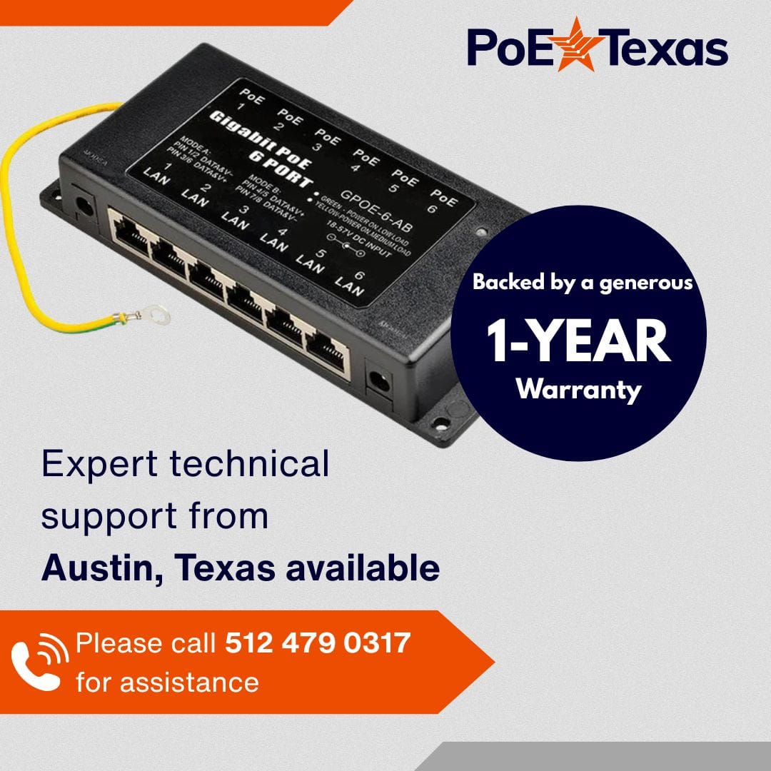 PoE Texas Injector 6 Port Gigabit PoE Injector with 48 Volt 30 Watt Power Supply