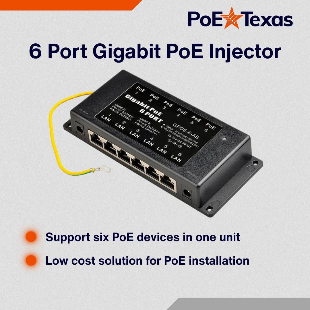 PoE Texas Injector 6-Port Gigabit PoE Injector with 56 Volt 120 Watt Power Supply
