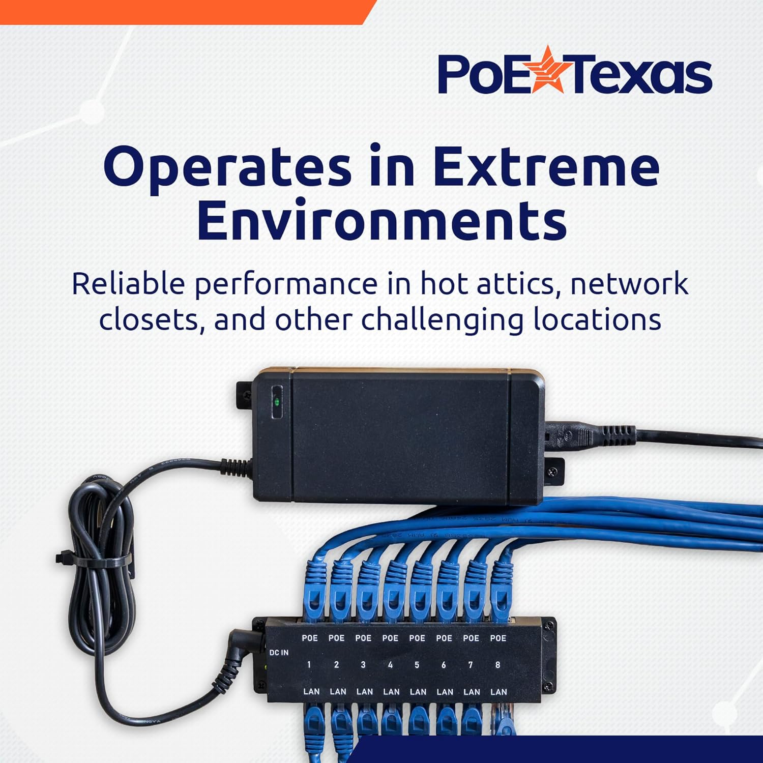 PoE Texas Injector 8-Port 10/100, Mode B PoE Injector with 48 Volt 120 Watt Power Supply