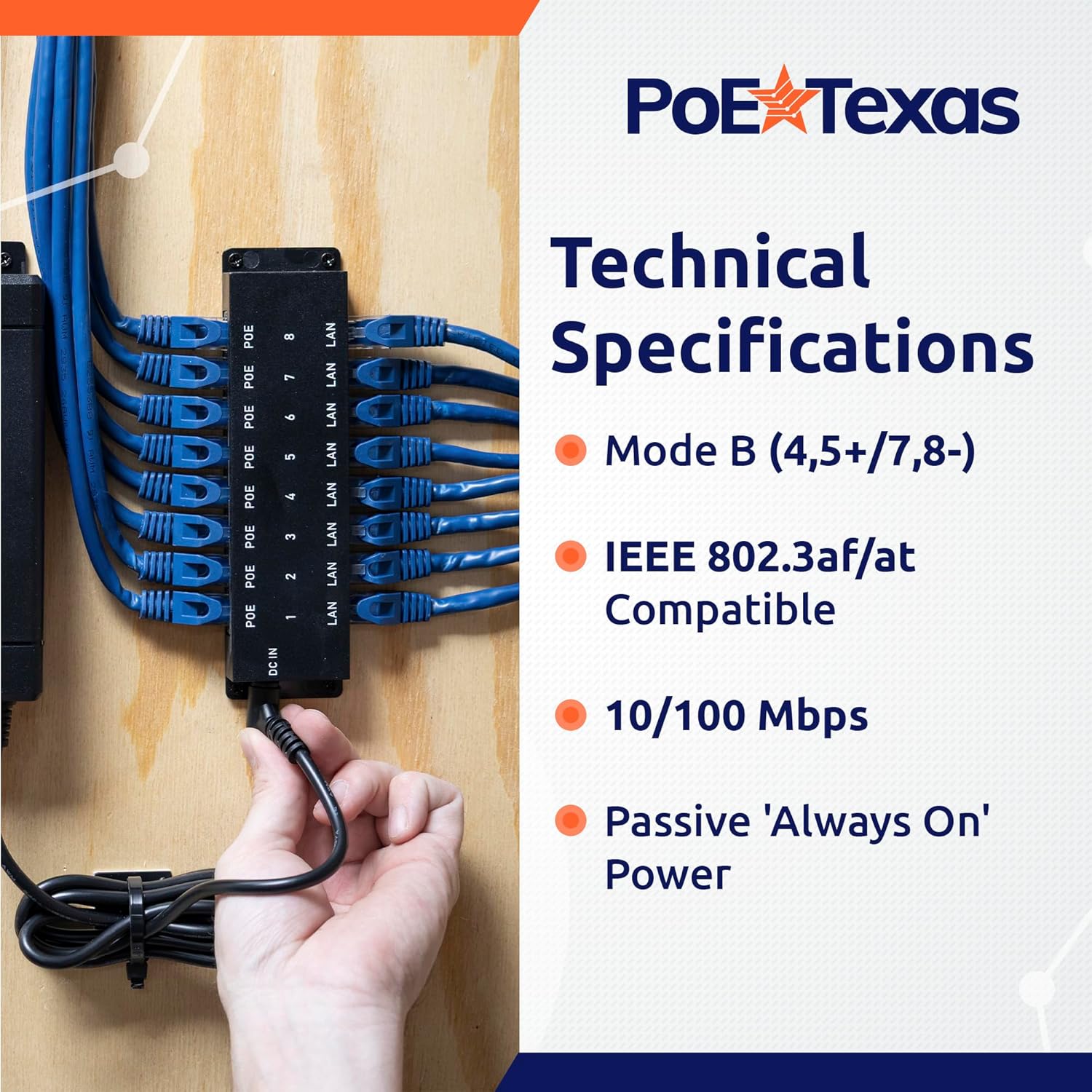 PoE Texas Injector 8-Port 10/100, Mode B PoE Injector with 48 Volt 120 Watt Power Supply