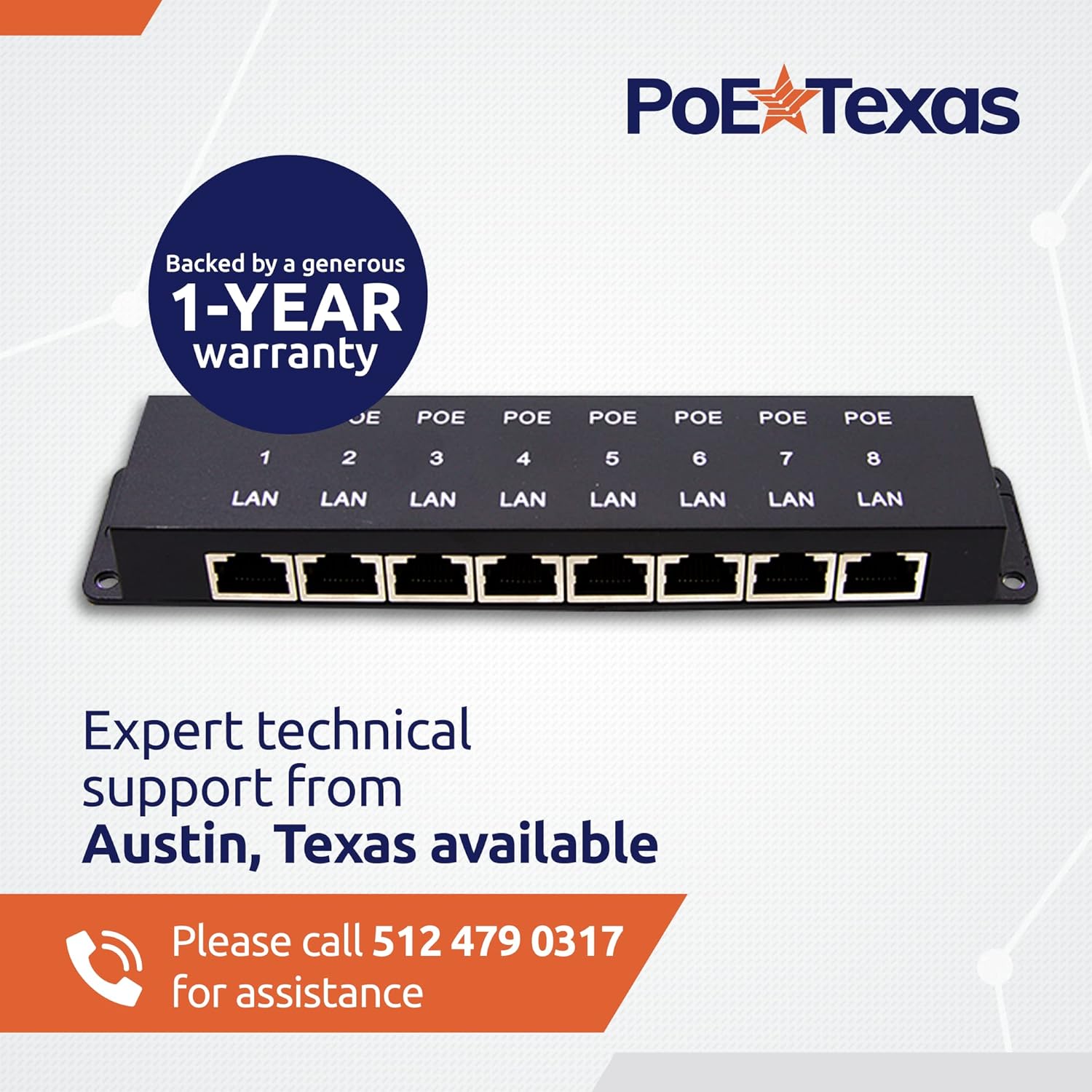 PoE Texas Injector 8 Port 10/100 Mode B PoE Injector with 48V 60W Power Supply
