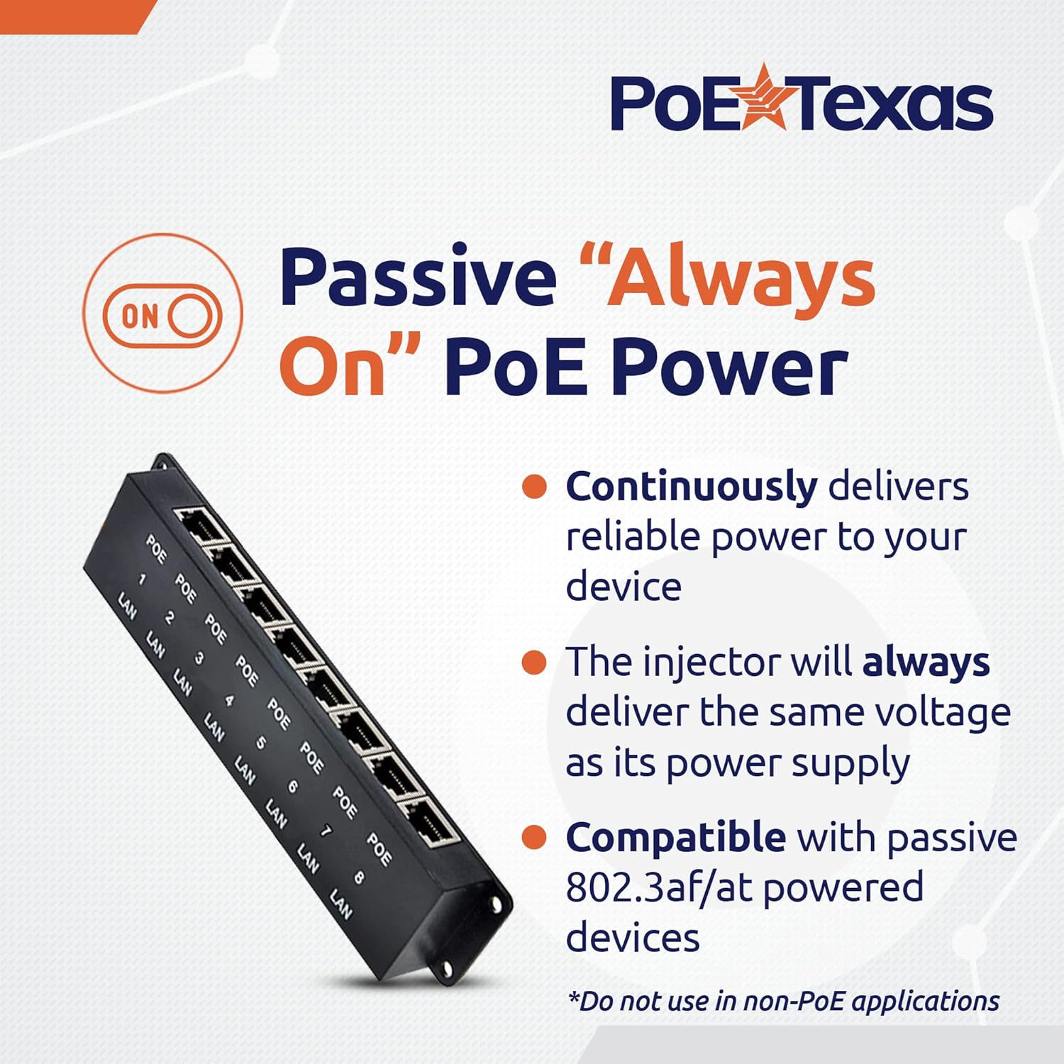 PoE Texas Injector 8 Port 10/100 Mode B PoE Injector with 48V 60W Power Supply