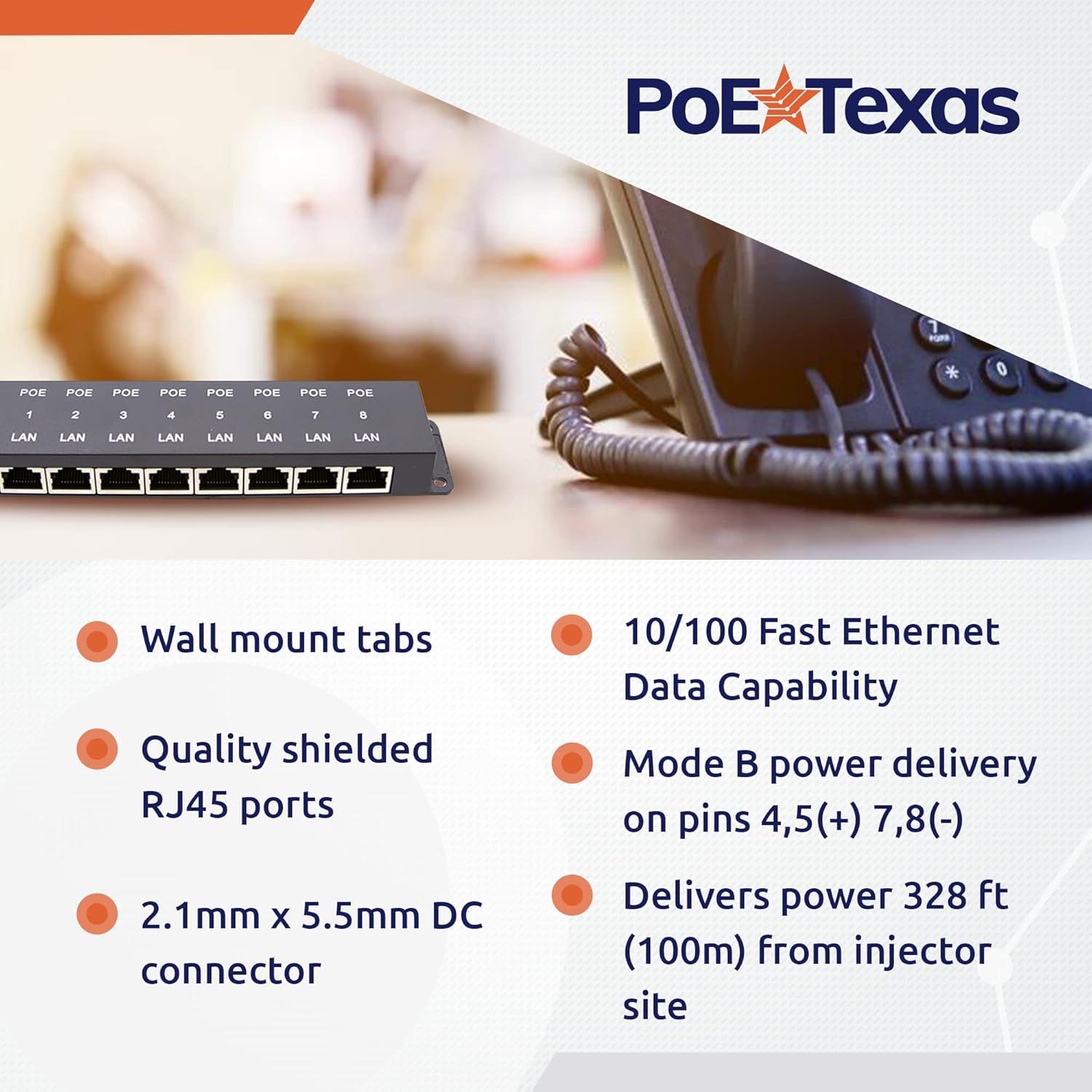 PoE Texas Injector 8 Port 10/100 Mode B PoE Injector with 48V 60W Power Supply