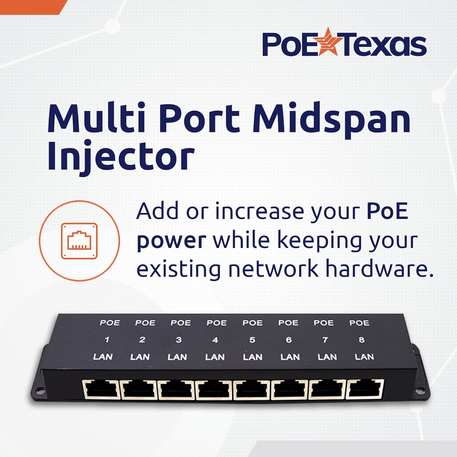 PoE Texas Injector 8 Port 10/100 Mode B PoE Injector with 48V 60W Power Supply