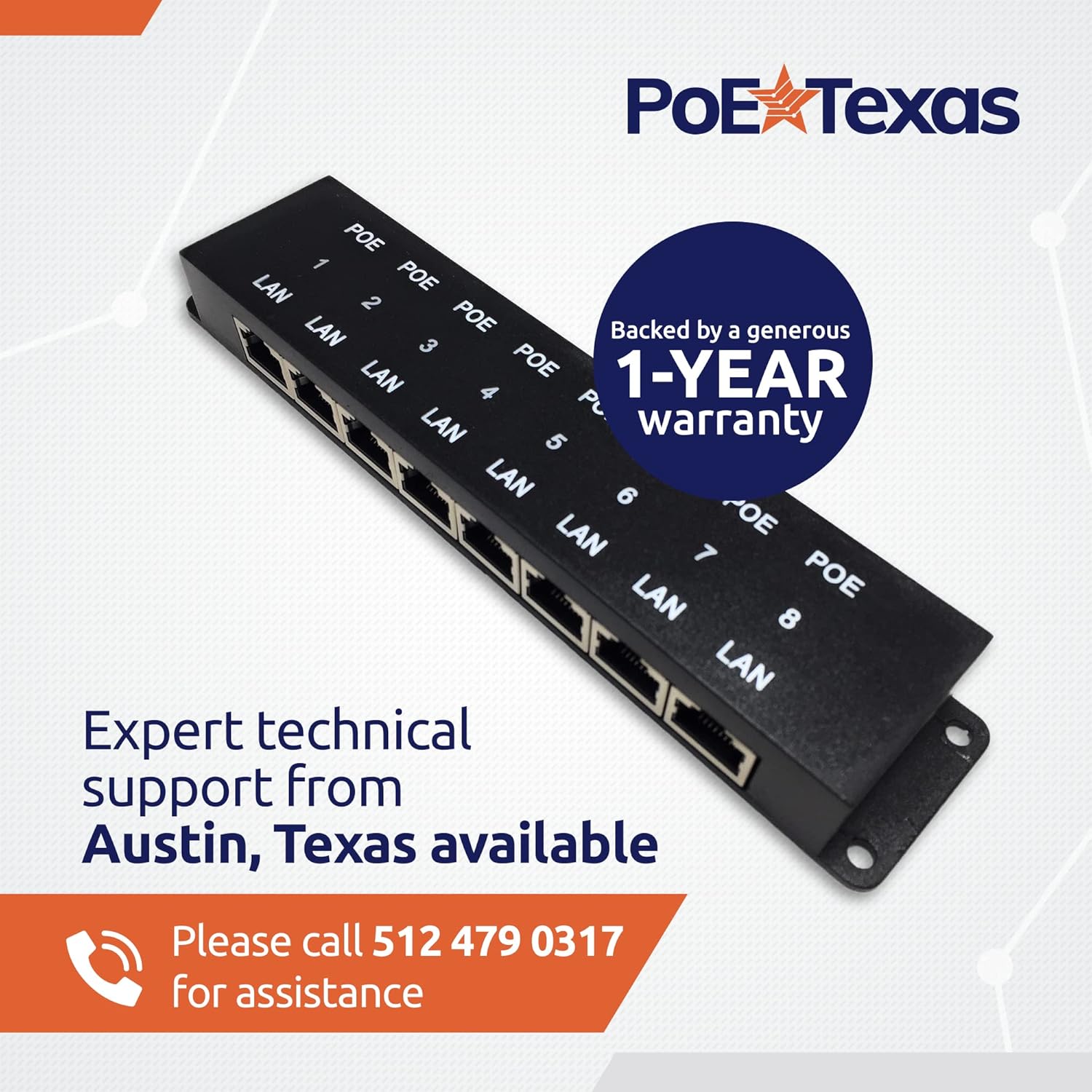 PoE Texas Injector 8 Port 10/100, Mode B PoE Injector Without a Power Supply