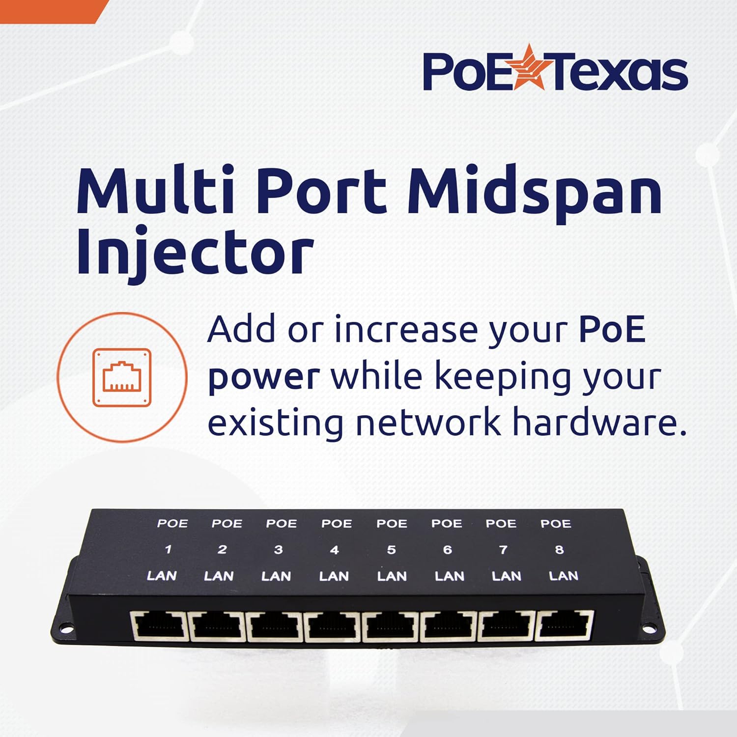 PoE Texas Injector 8 Port 10/100, Mode B PoE Injector Without a Power Supply