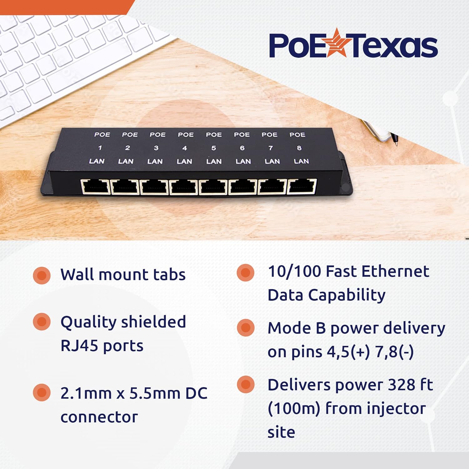 PoE Texas Injector 8 Port 10/100, Mode B PoE Injector Without a Power Supply
