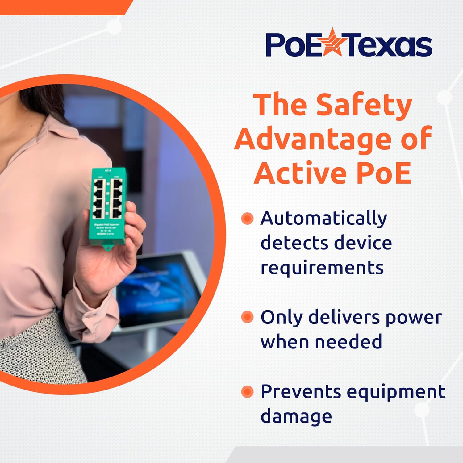 PoE Texas Injector 8 Port Active Gigabit Mode A PoE Injector with 48 Volt 60 Watt Power Supply